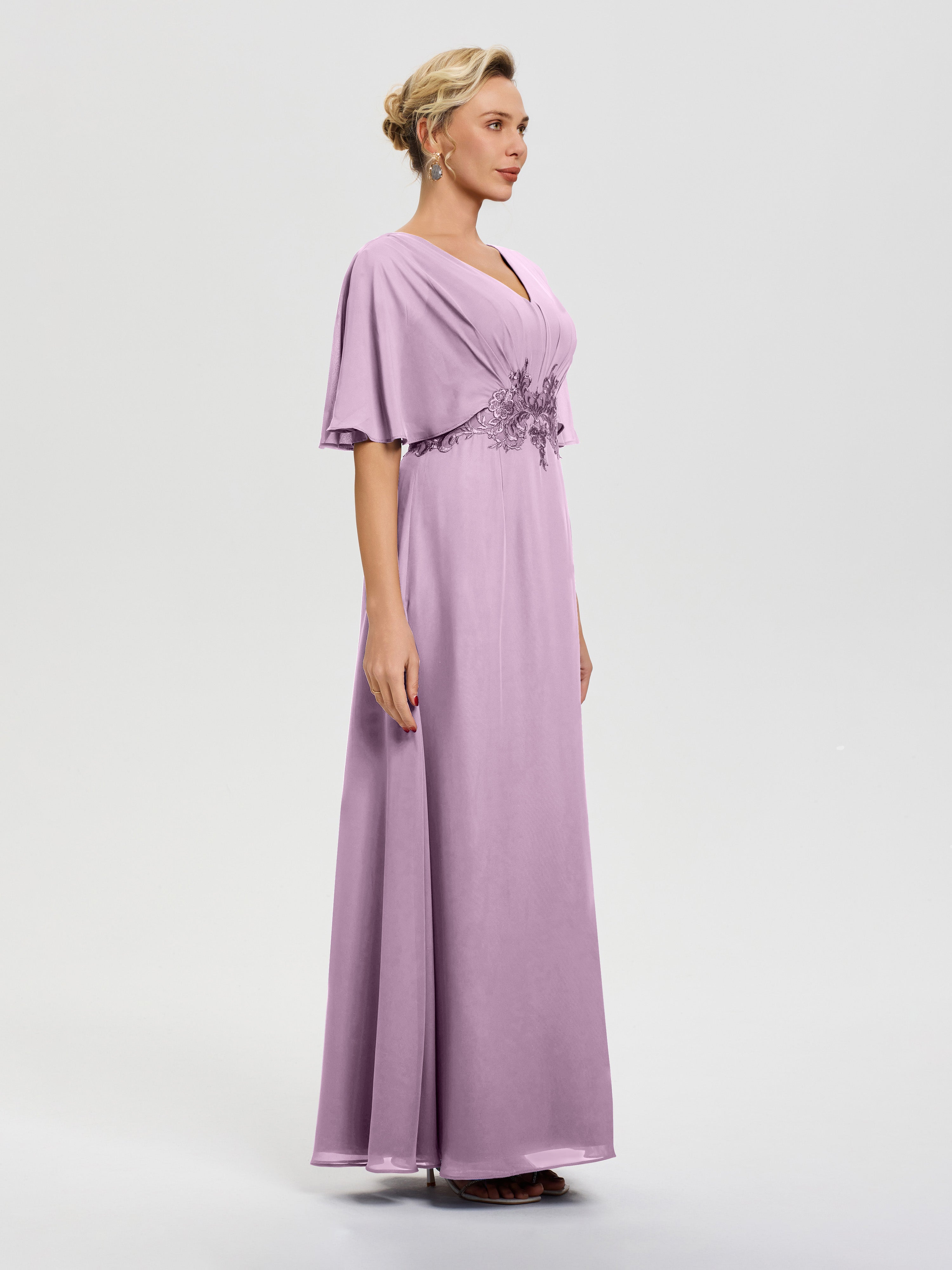 Robe Mariage Mère Du Marié Glycine Mousseline & Dentelle Col V Robe Mère De La Mariée