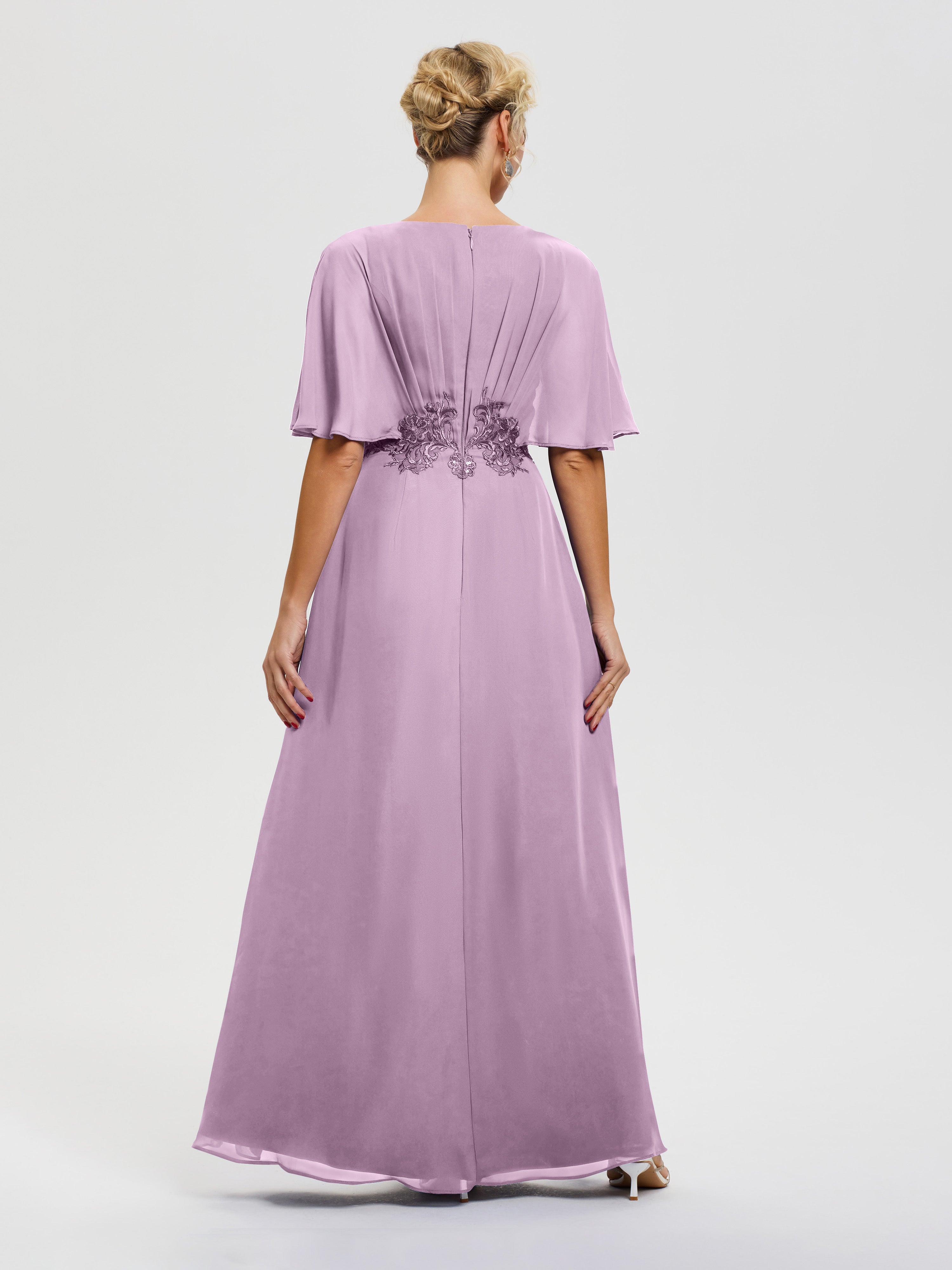 Robe Mariage Mère Du Marié Glycine Mousseline & Dentelle Col V Robe Mère De La Mariée