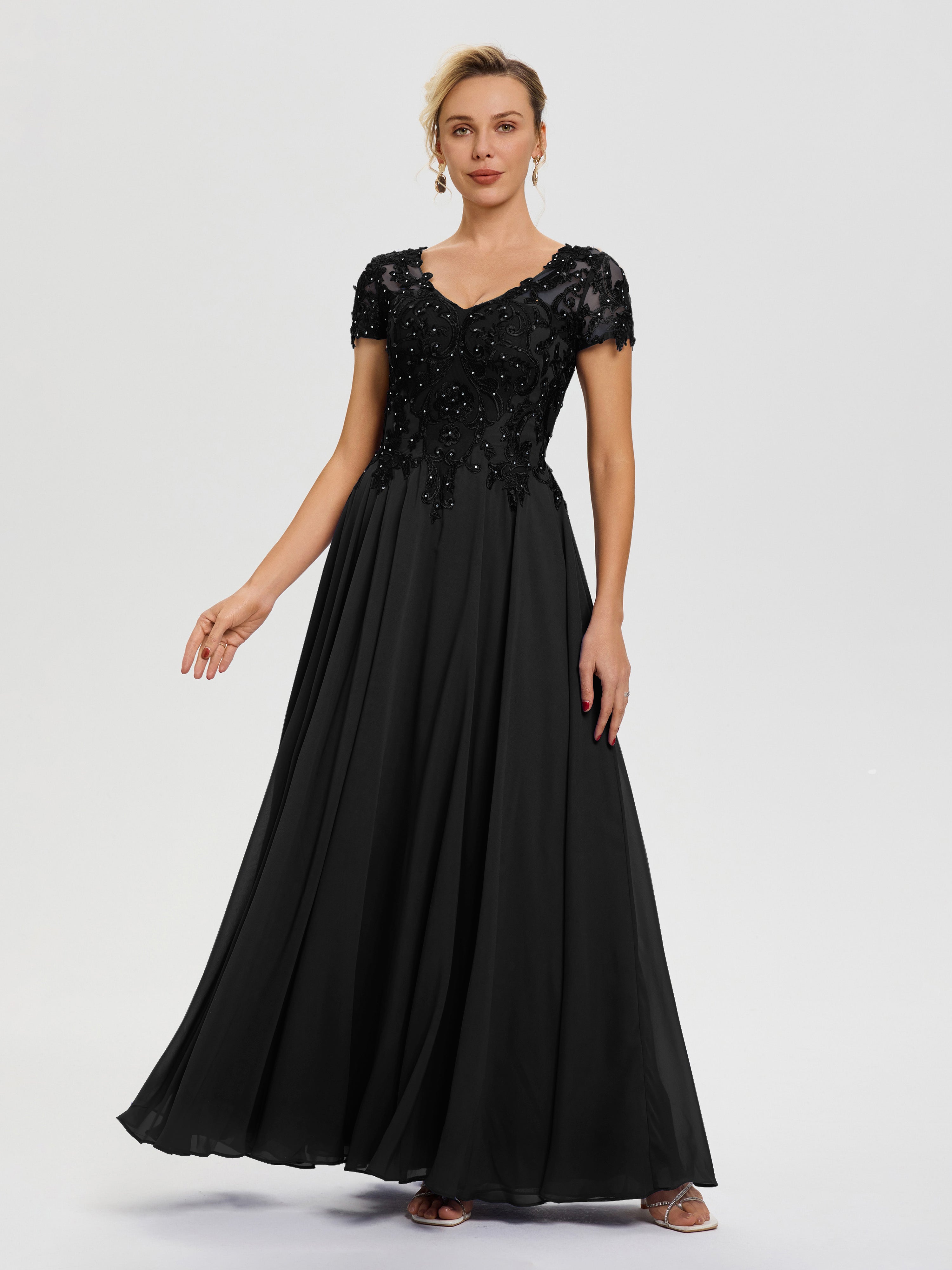 Robe Pour Mère De La Mariée Noir Col V Mousseline & Dentelle Robe Mère De La Mariée Moderne