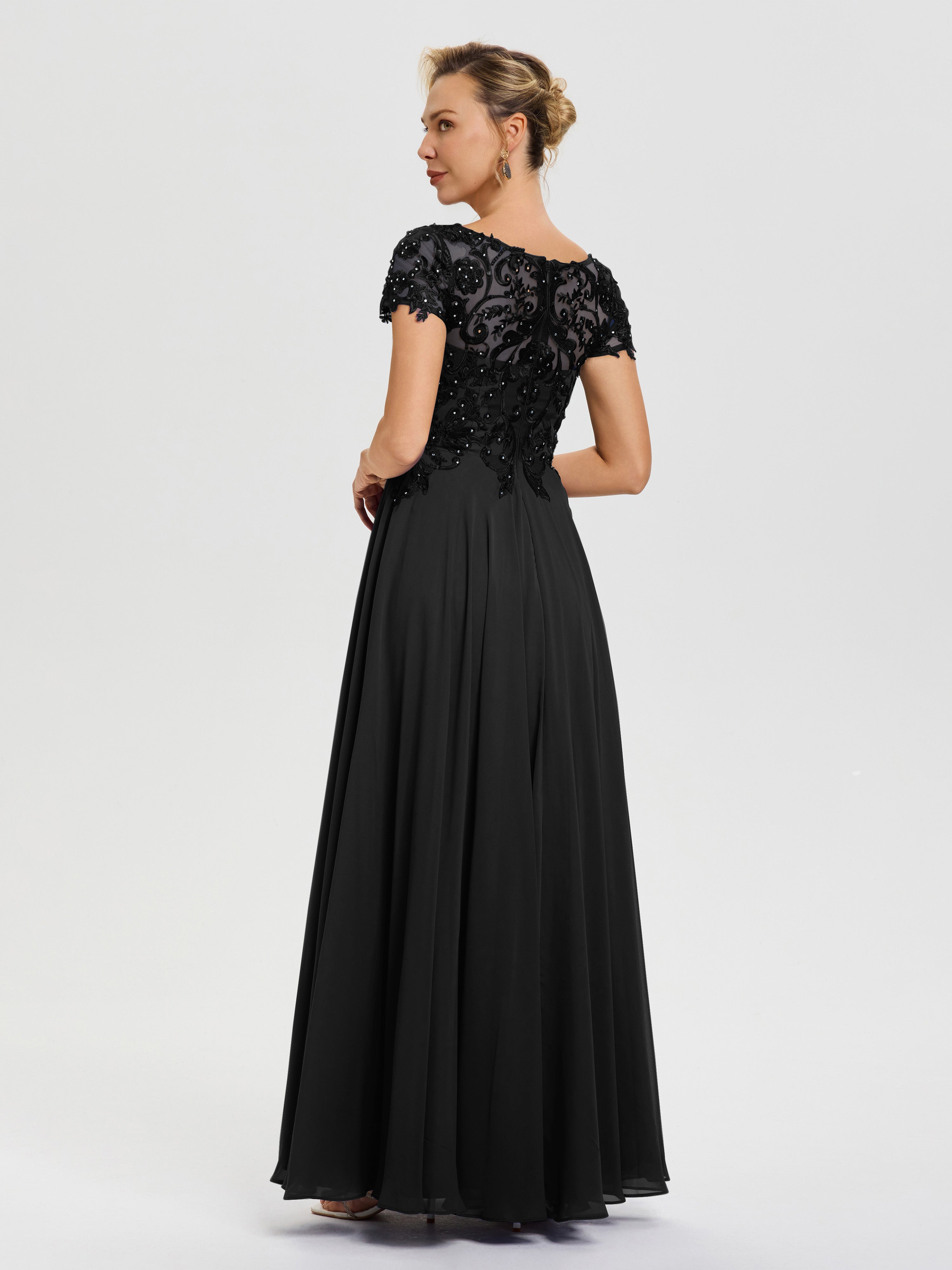 Robe Pour Mère De La Mariée Noir Col V Mousseline & Dentelle Robe Mère De La Mariée Moderne