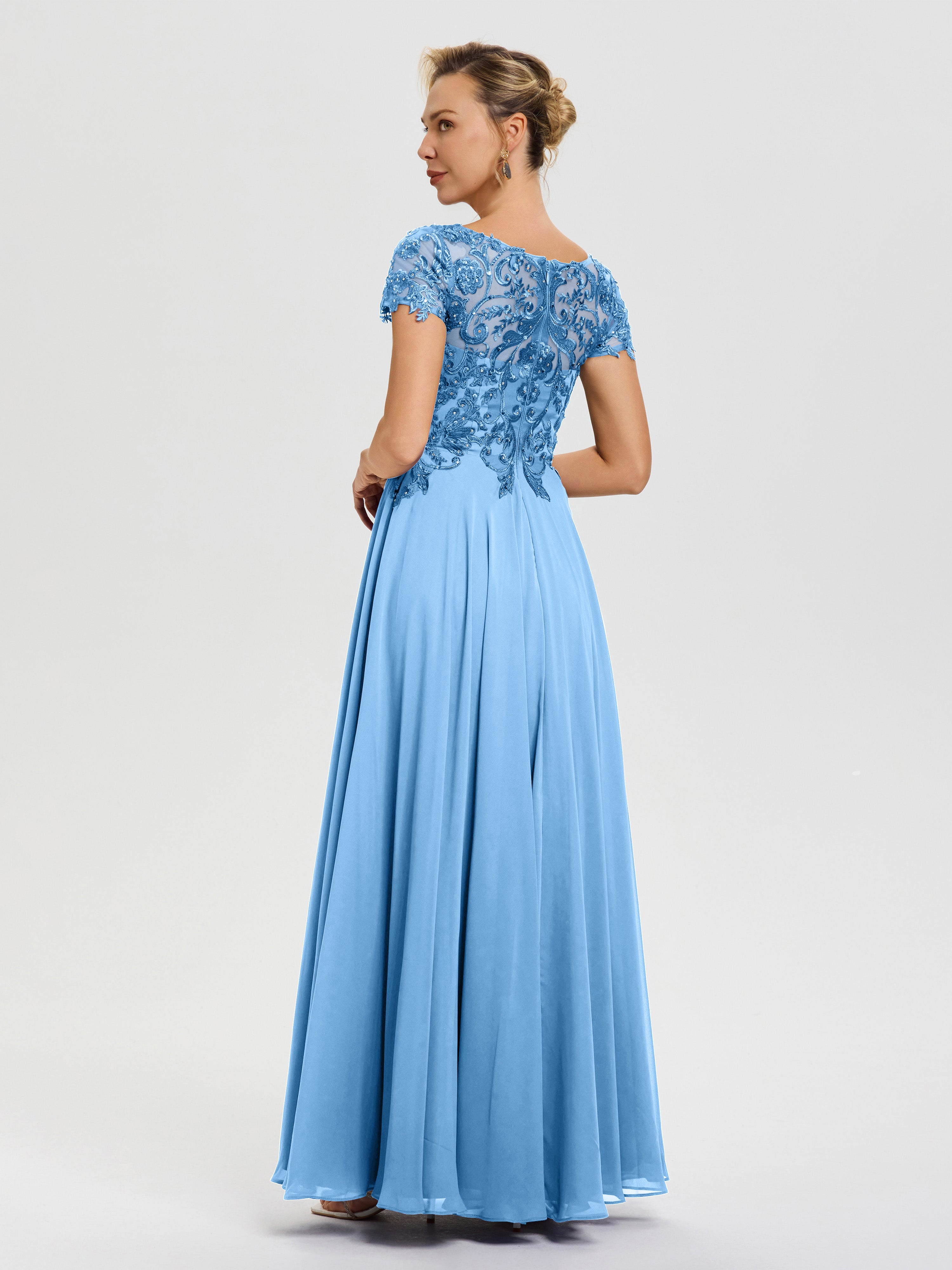 Robe Pour La Mère De La Mariée Bleu Col V Mousseline & Dentelle Robe Mère De La Mariée Moderne
