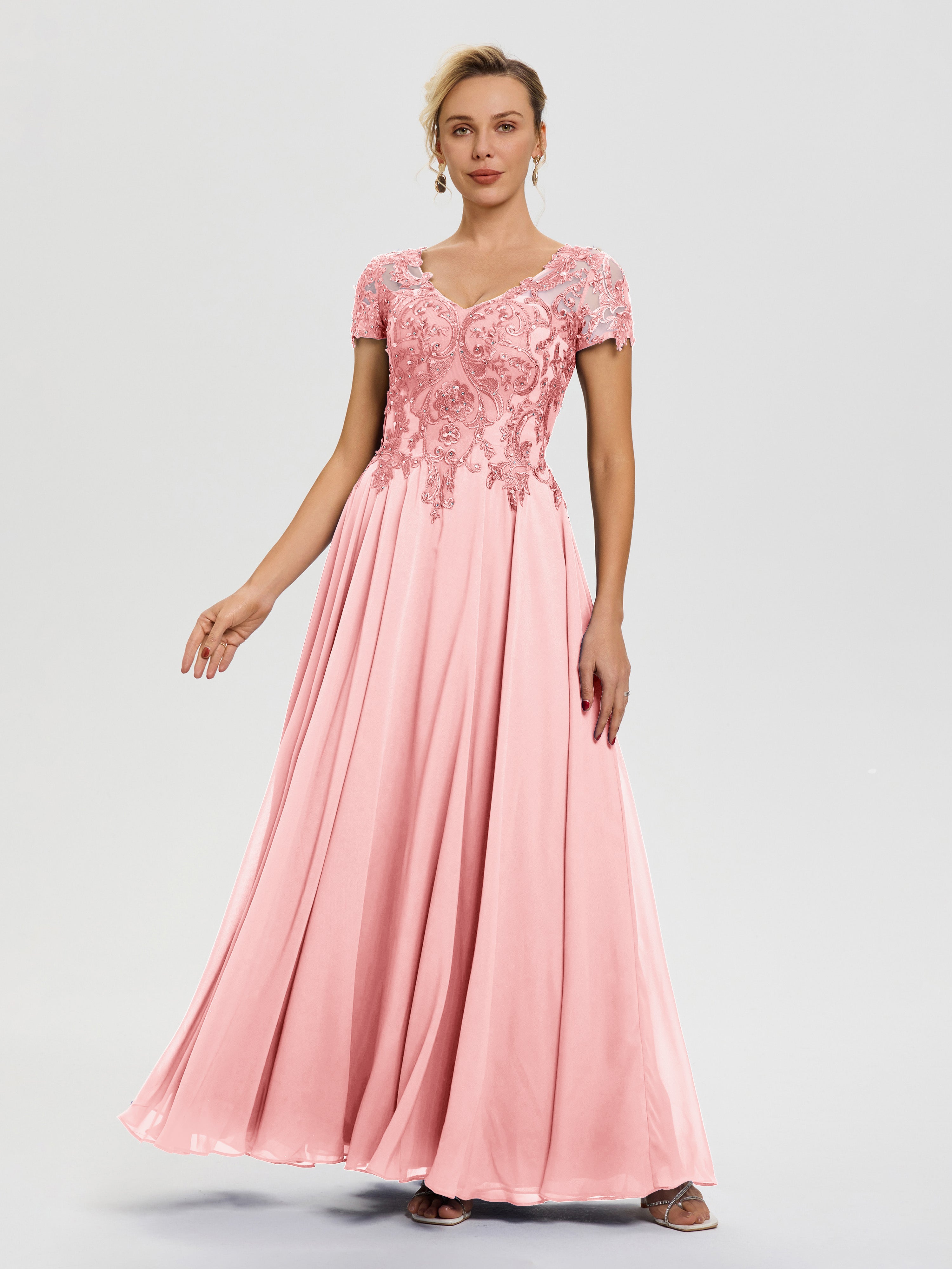 Robe Mere De La Mariee Rose Col V Mousseline & Dentelle Robe Mère De La Mariée Moderne