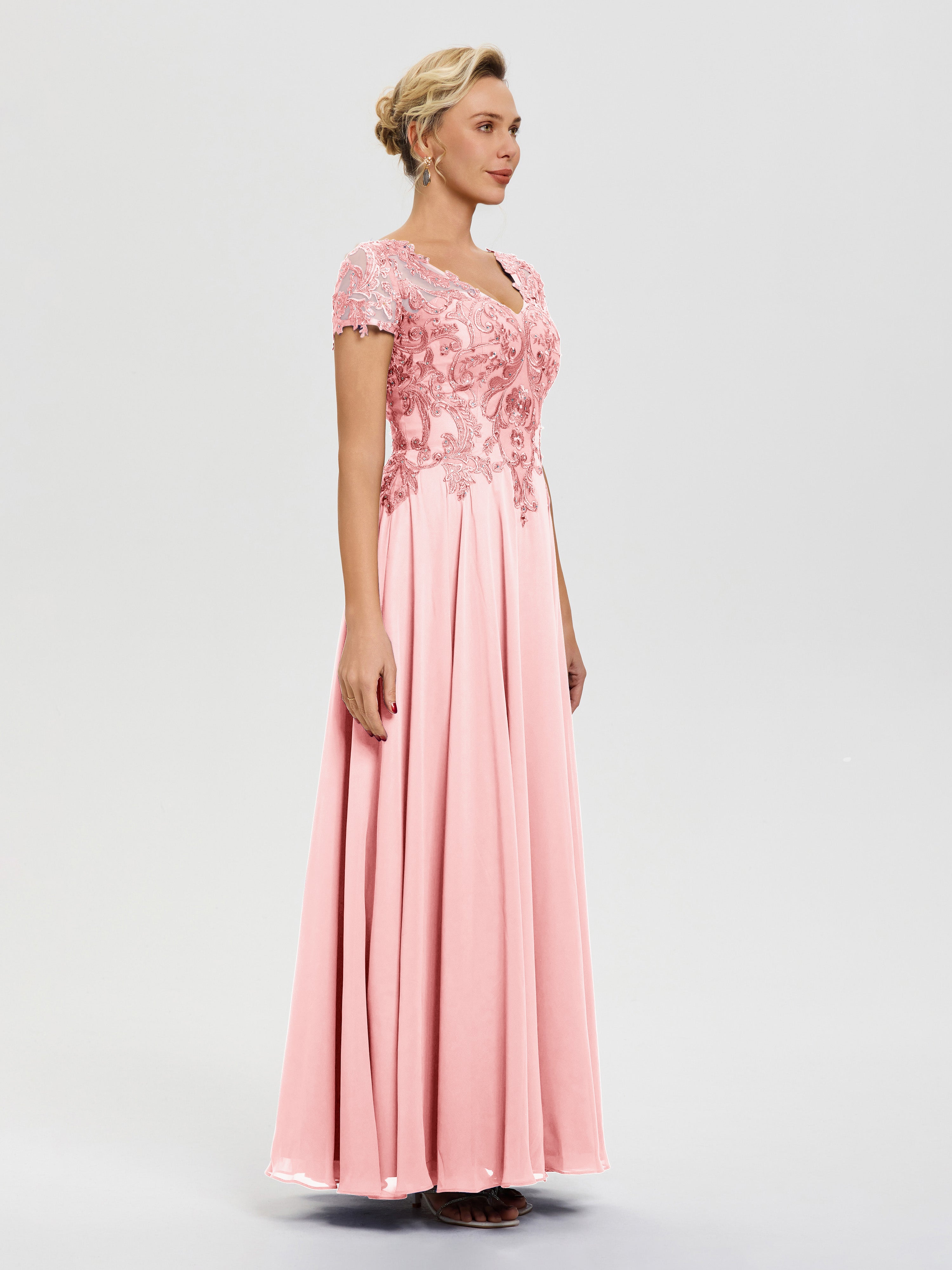 Robe Mere De La Mariee Rose Col V Mousseline & Dentelle Robe Mère De La Mariée Moderne