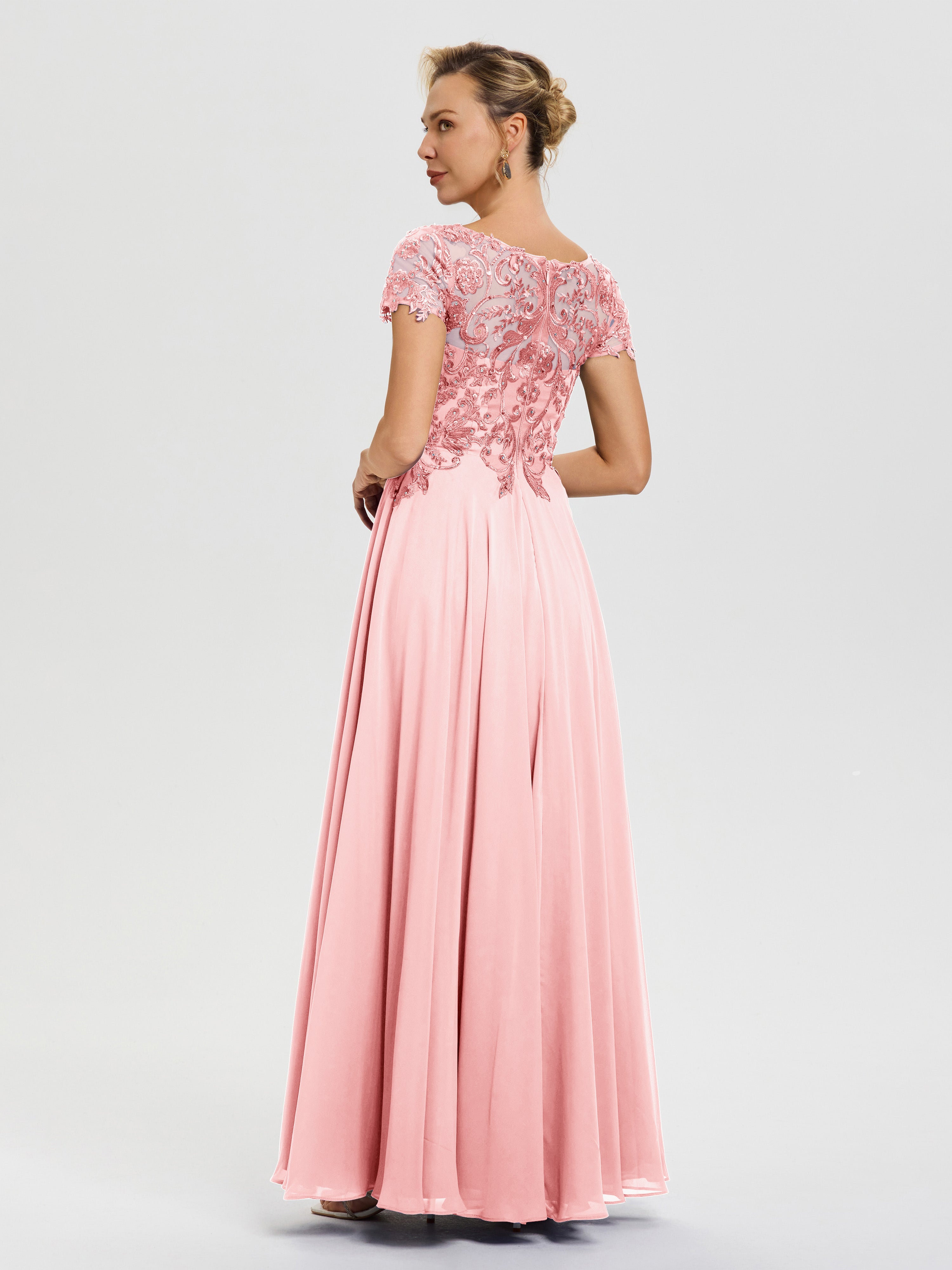 Robe Mere De La Mariee Rose Col V Mousseline & Dentelle Robe Mère De La Mariée Moderne