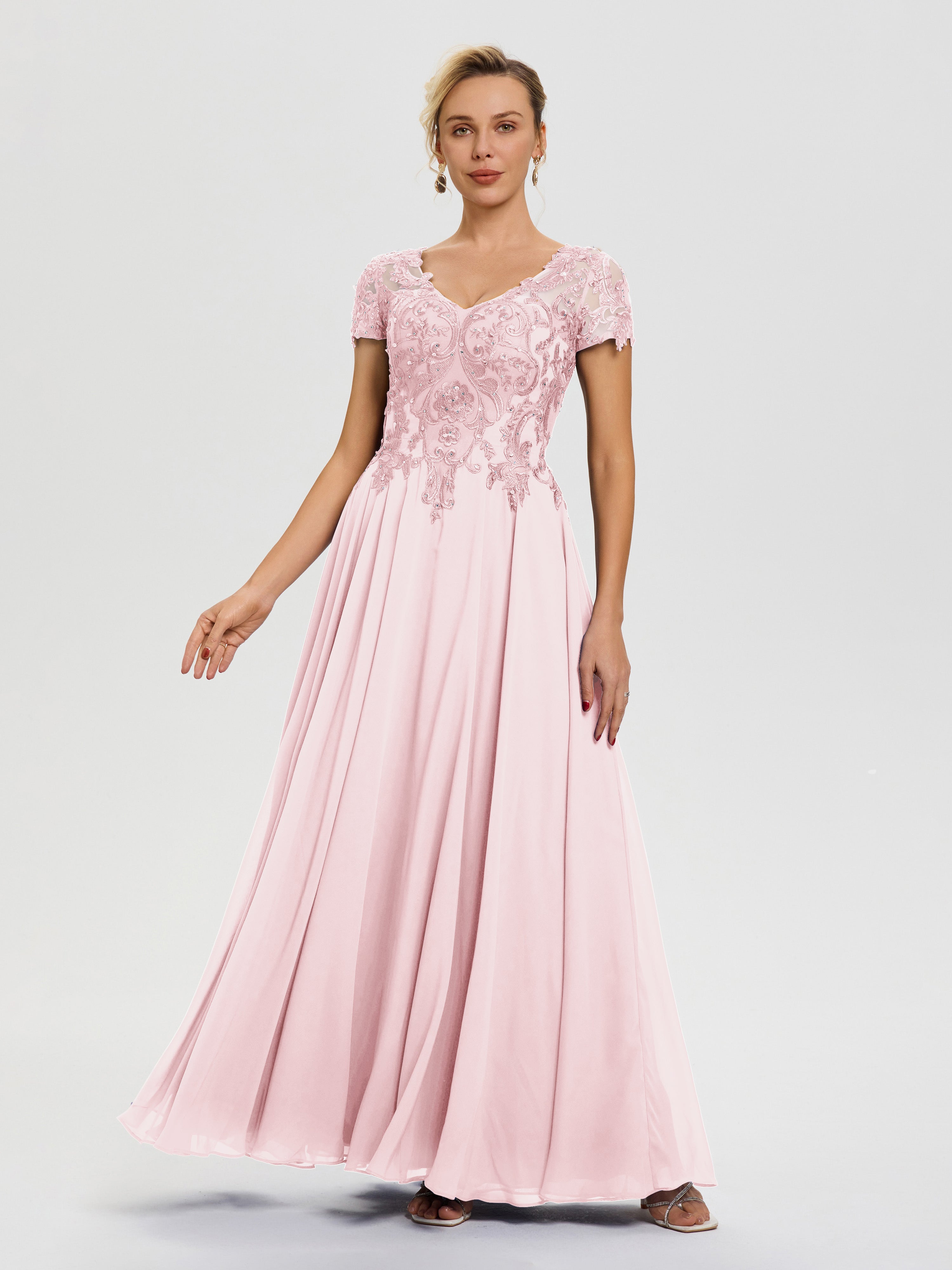 Robe Pour Mère De Mariée Rose Pâle Col V Mousseline & Dentelle Robe Mère De La Mariée Moderne