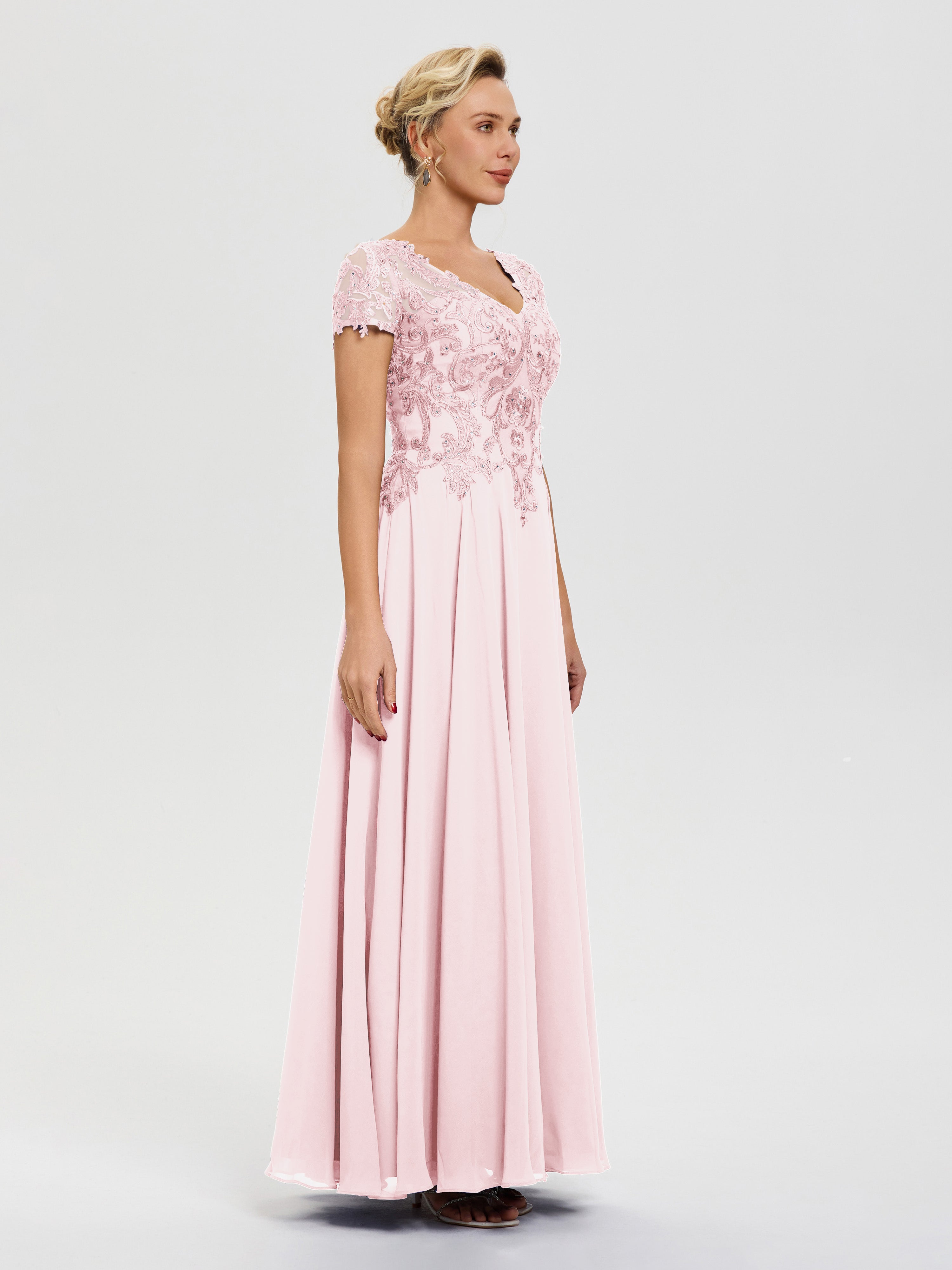 Robe Pour Mère De Mariée Rose Pâle Col V Mousseline & Dentelle Robe Mère De La Mariée Moderne