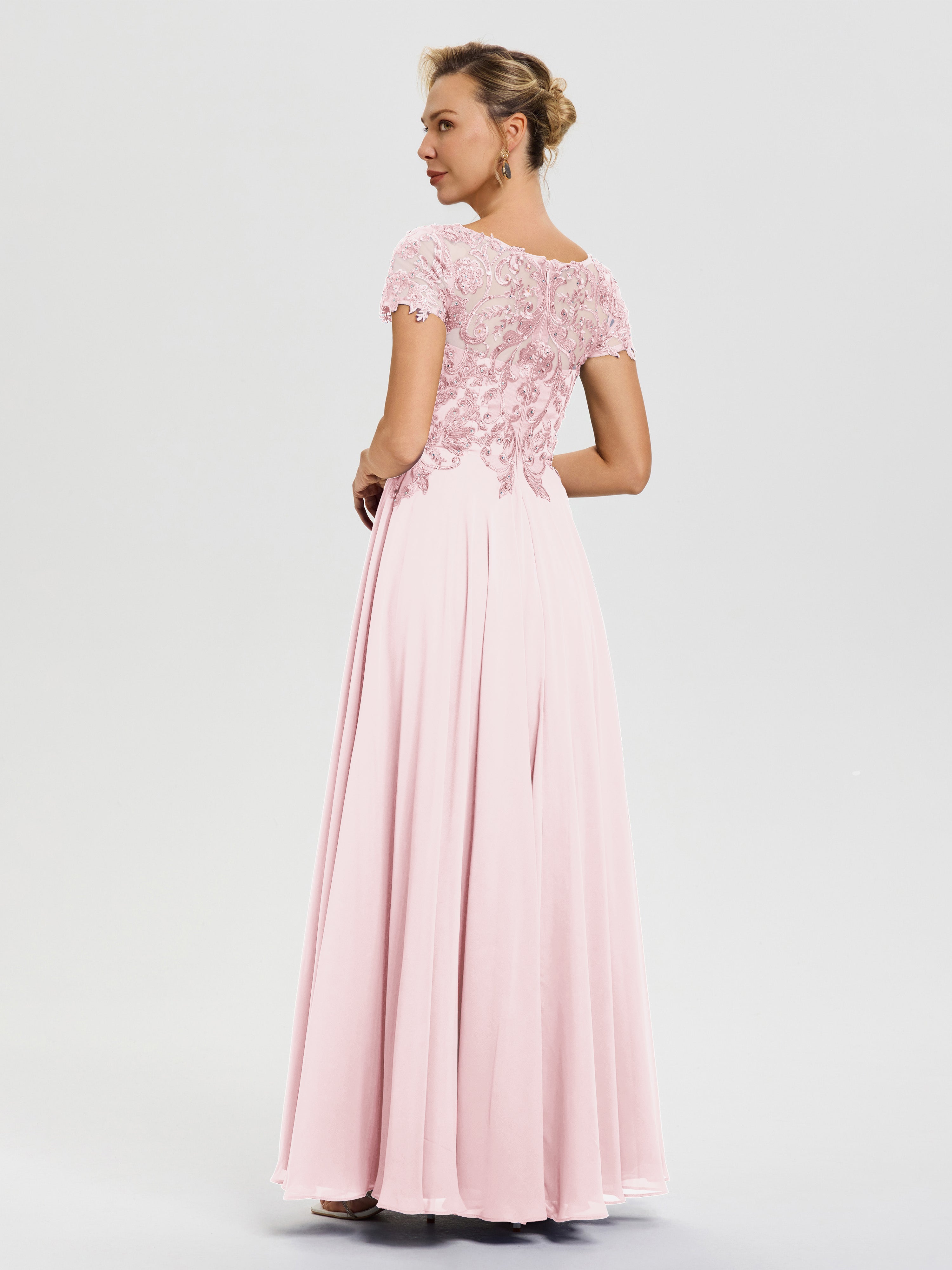 Robe Pour Mère De Mariée Rose Pâle Col V Mousseline & Dentelle Robe Mère De La Mariée Moderne