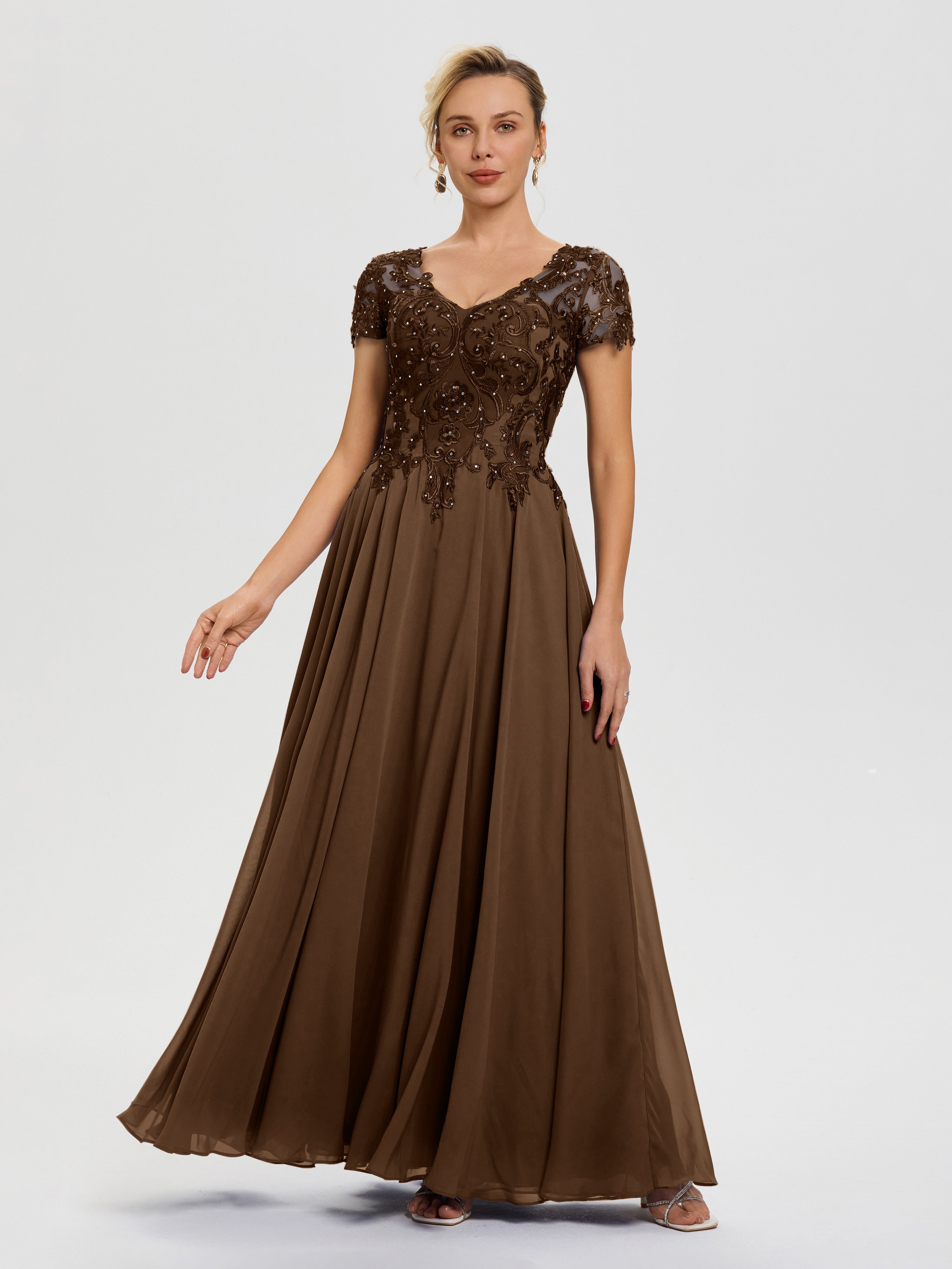 Robe Mère De La Mariée Brun Col V Mousseline & Dentelle Robe Mère De La Mariée Moderne