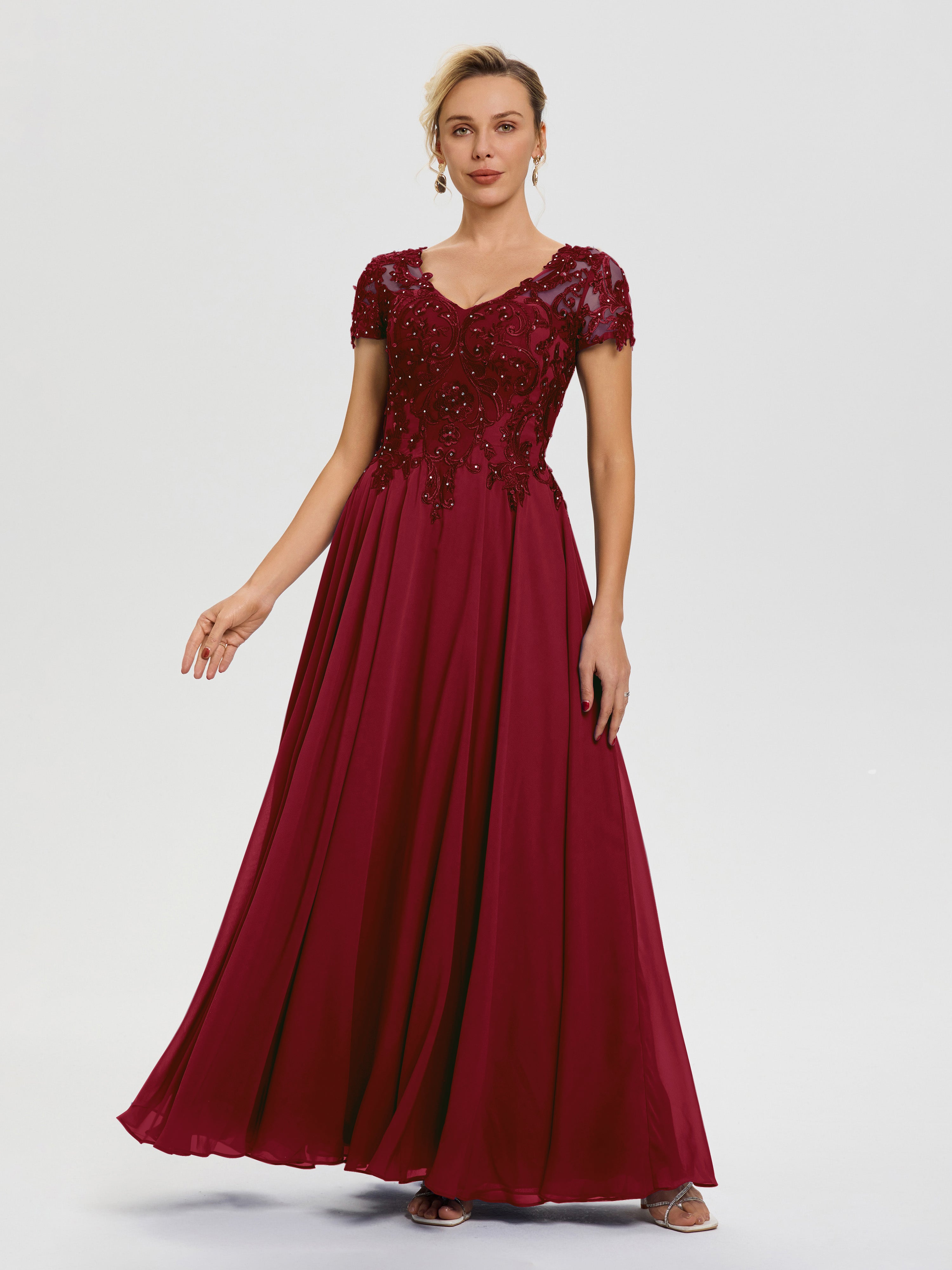 Robe Mere Mariee Bordeaux Col V Mousseline & Dentelle Robe Mère De La Mariée Moderne
