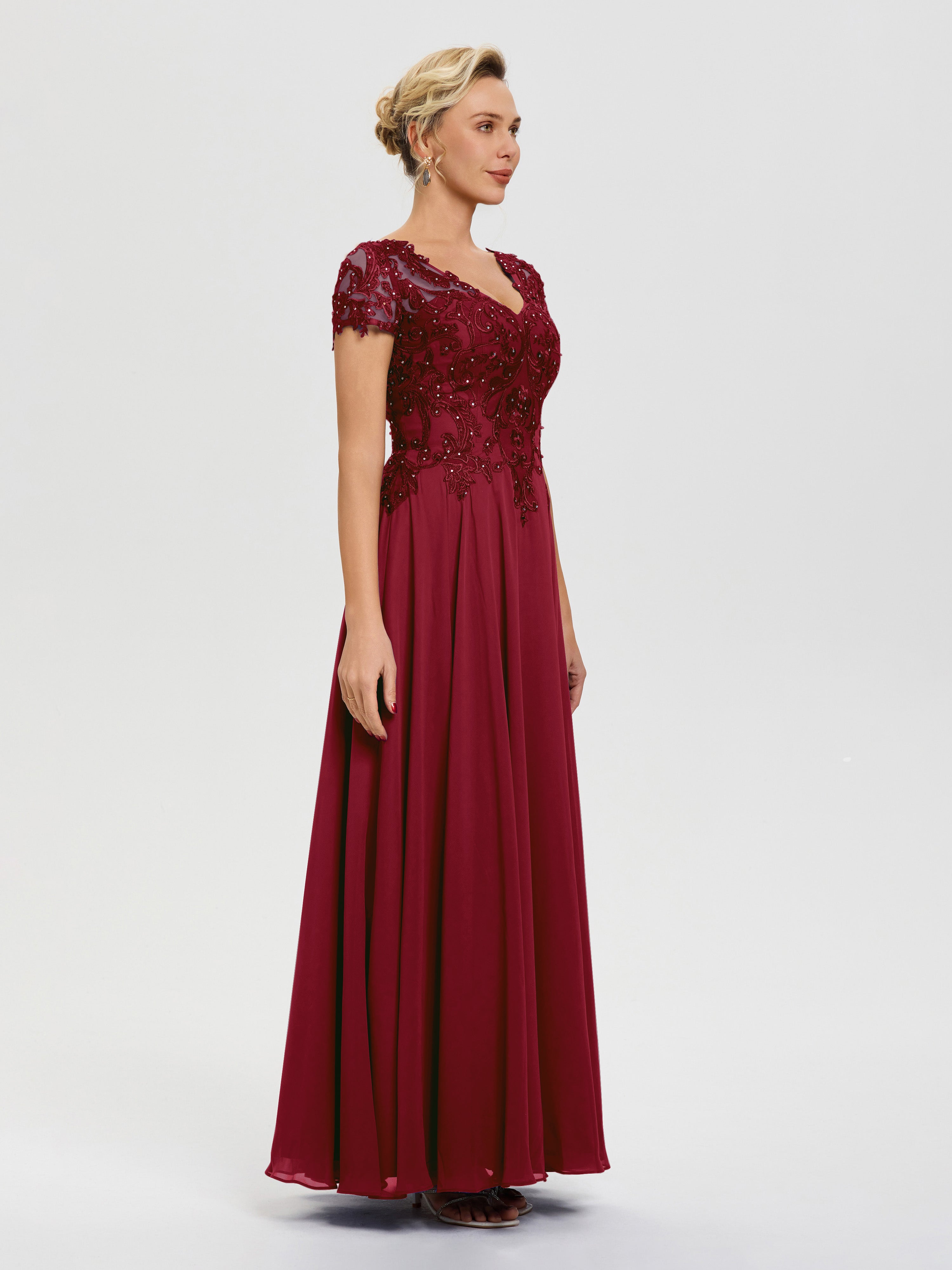 Robe Mere Mariee Bordeaux Col V Mousseline & Dentelle Robe Mère De La Mariée Moderne