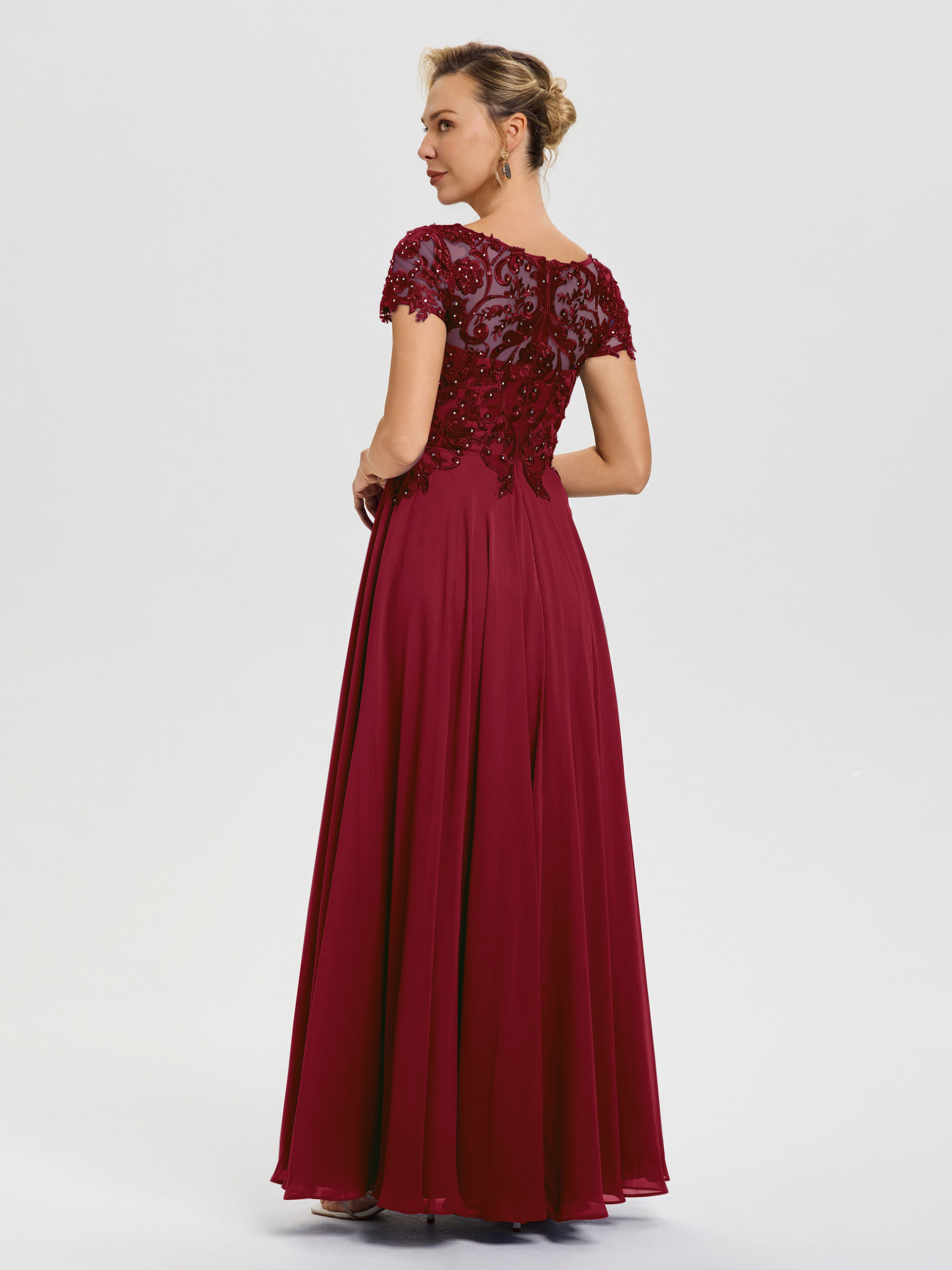 Robe Mere Mariee Bordeaux Col V Mousseline & Dentelle Robe Mère De La Mariée Moderne