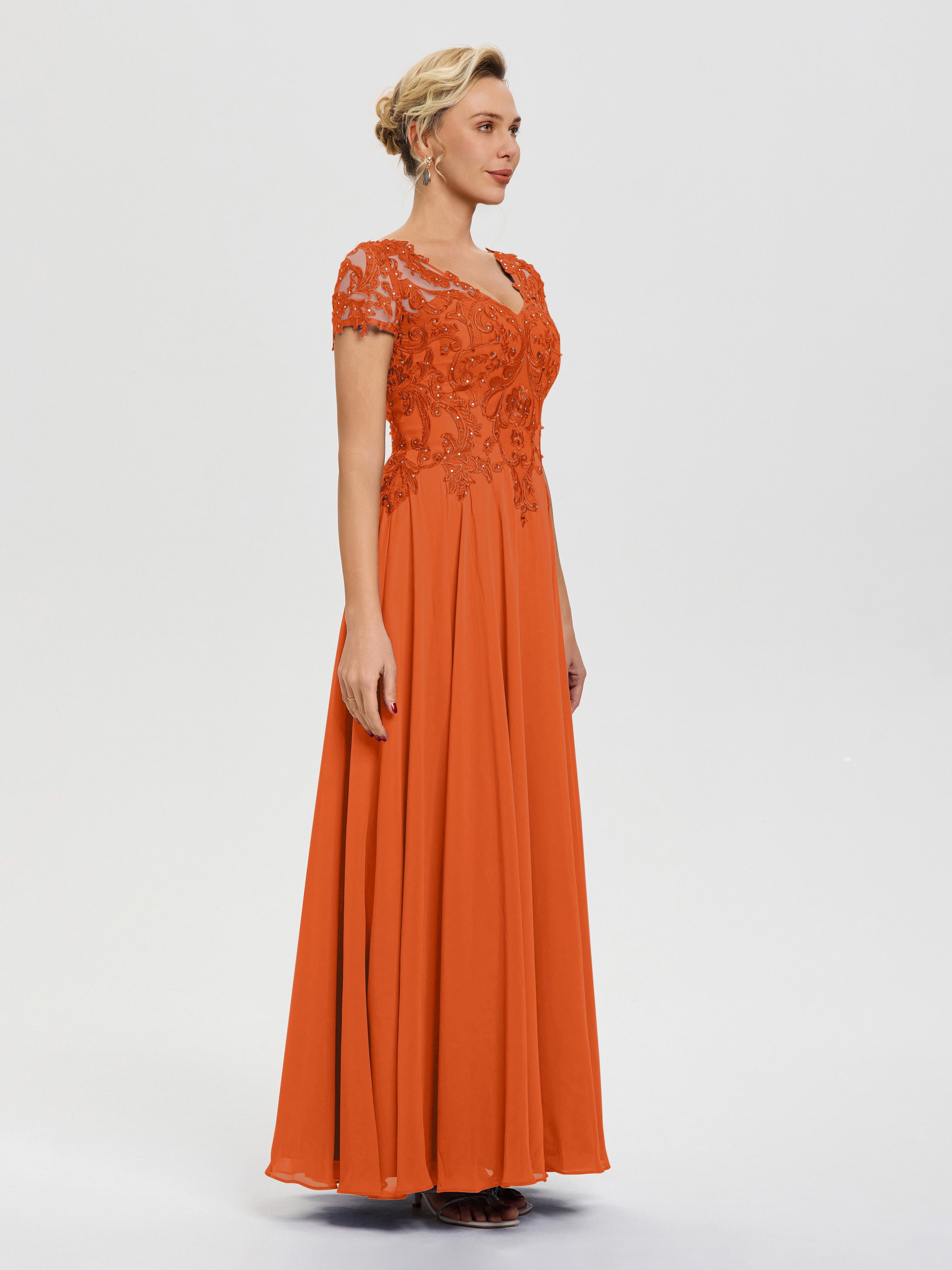 Robe Mariage Mère Du Marié Orange Brûlé Col V Mousseline & Dentelle Robe Mère De La Mariée Moderne
