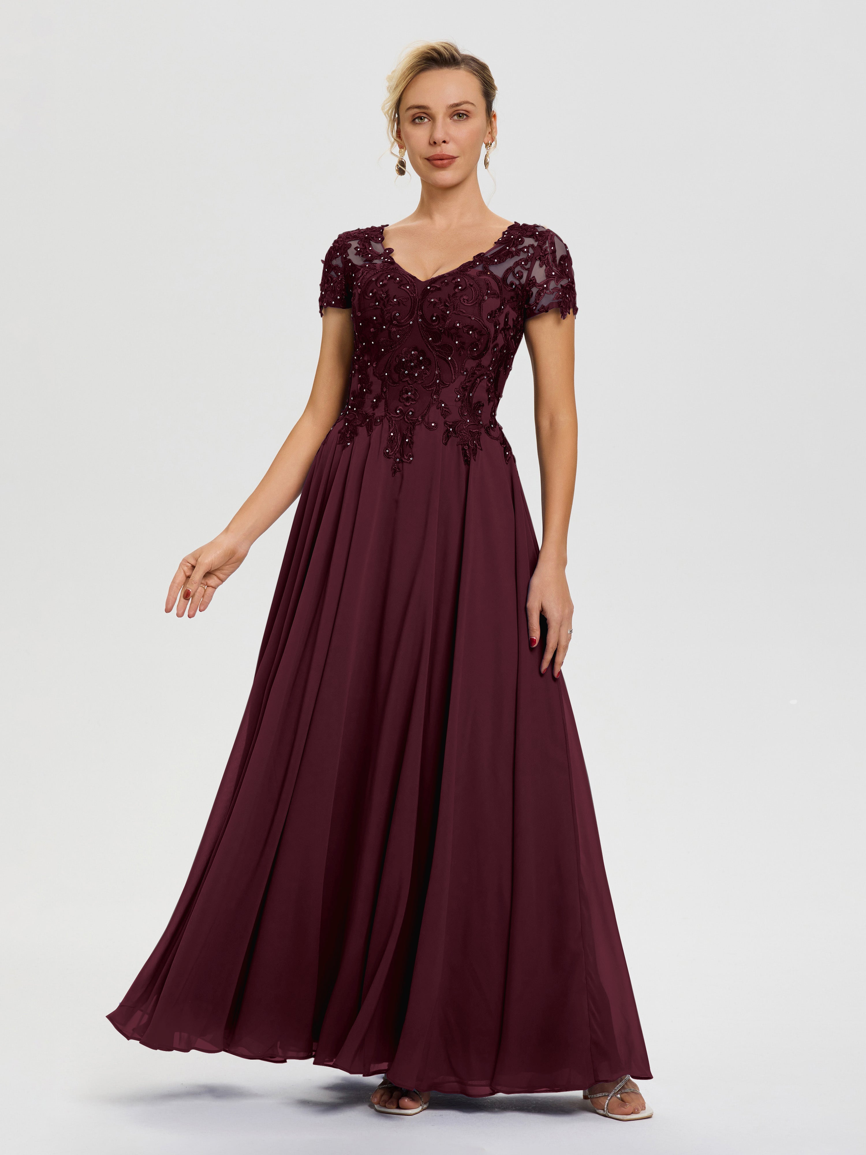 Robe Mère De La Mariée Cabernet Col V Mousseline & Dentelle Robe Mère De La Mariée Moderne