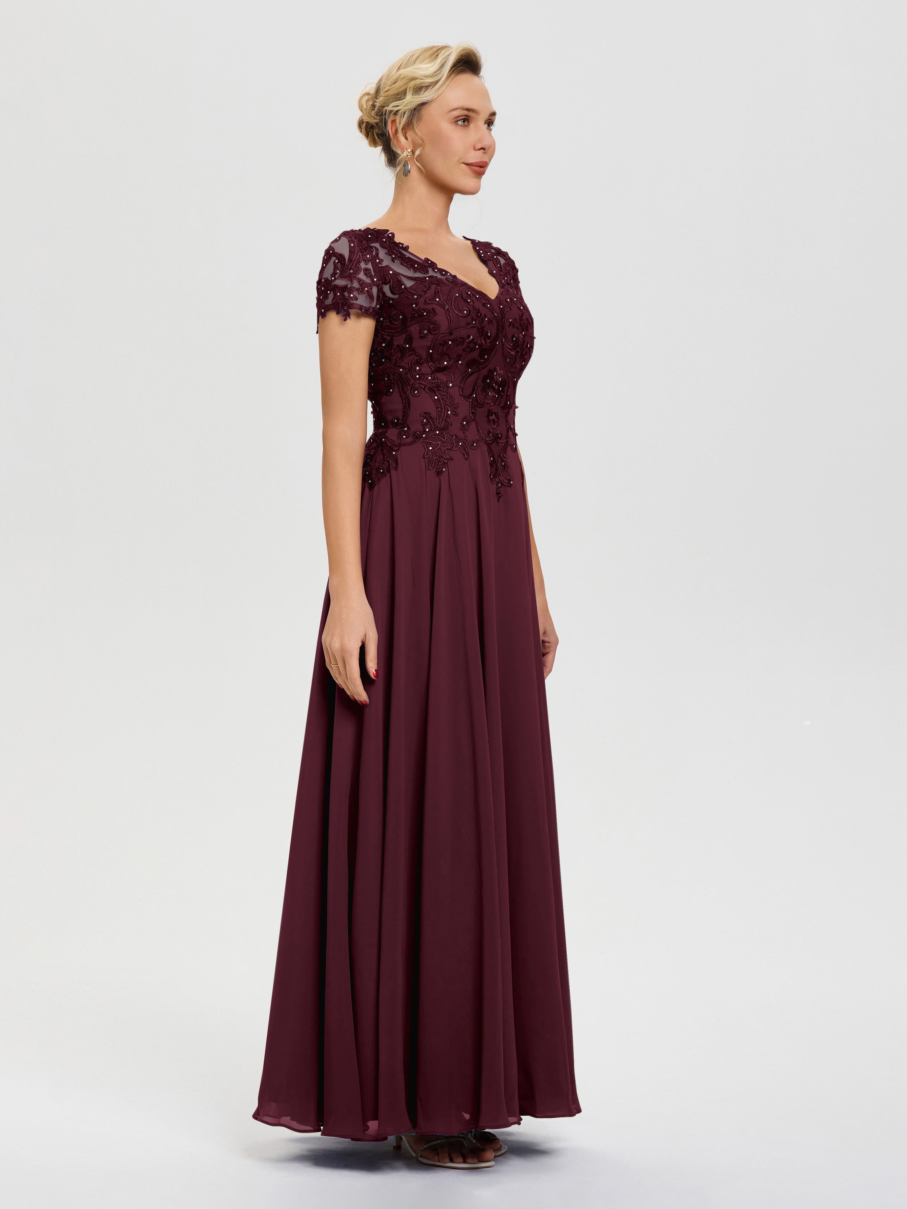 Robe Mère De La Mariée Cabernet Col V Mousseline & Dentelle Robe Mère De La Mariée Moderne