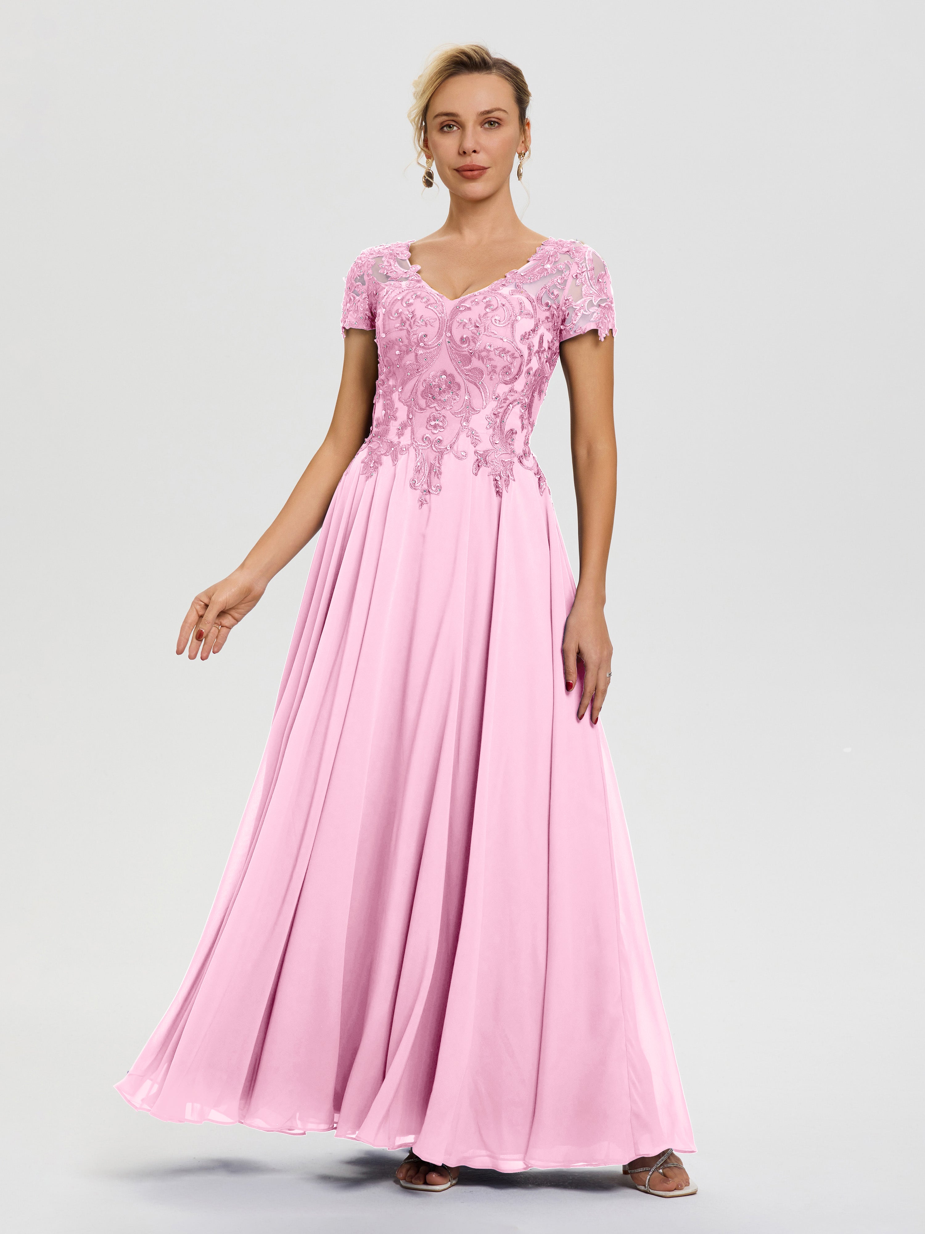 Robe Pour Mère De Mariée Rose Bonbon Col V Mousseline & Dentelle Robe Mère De La Mariée Moderne