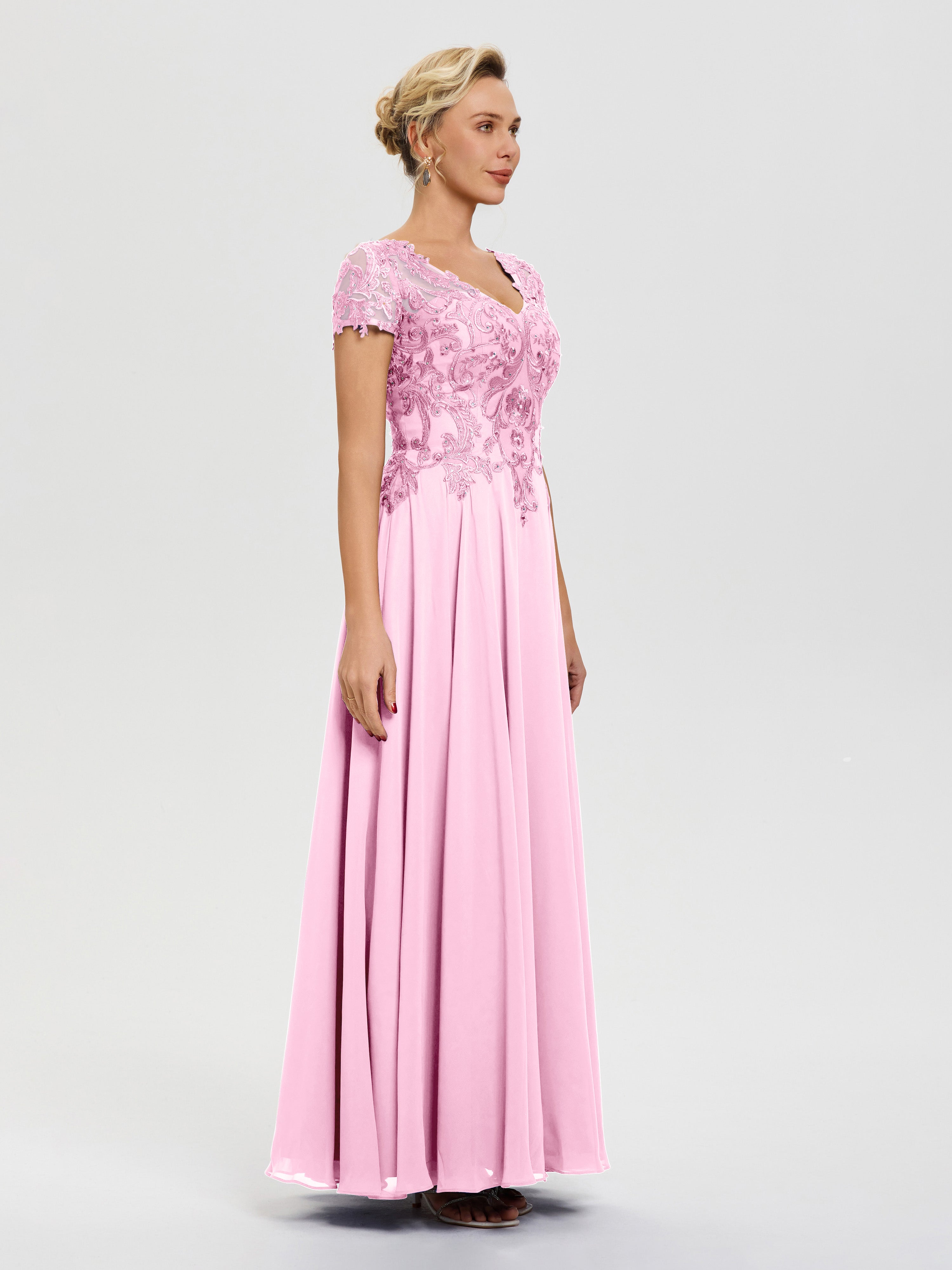 Robe Pour Mère De Mariée Rose Bonbon Col V Mousseline & Dentelle Robe Mère De La Mariée Moderne