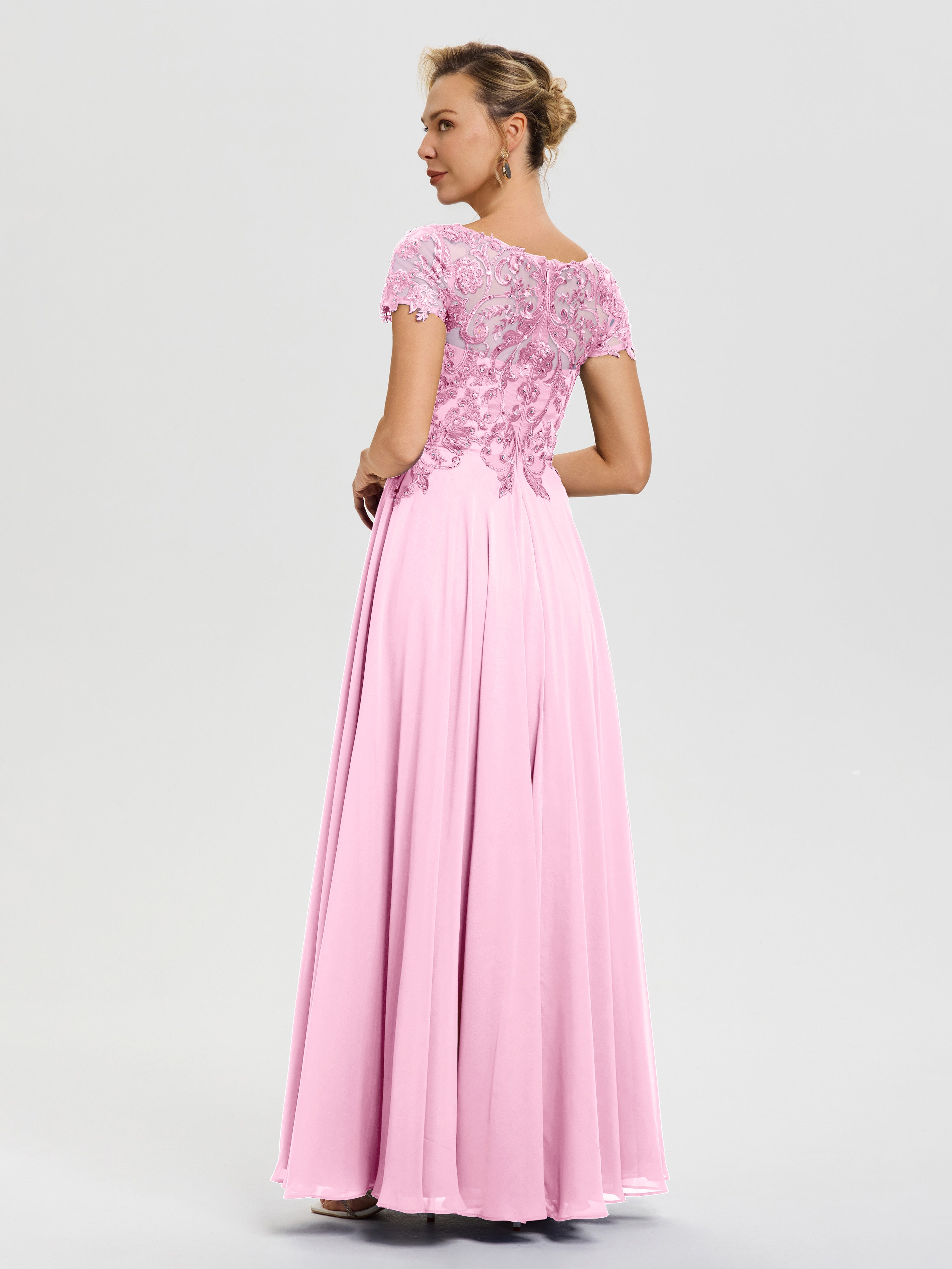 Robe Pour Mère De Mariée Rose Bonbon Col V Mousseline & Dentelle Robe Mère De La Mariée Moderne