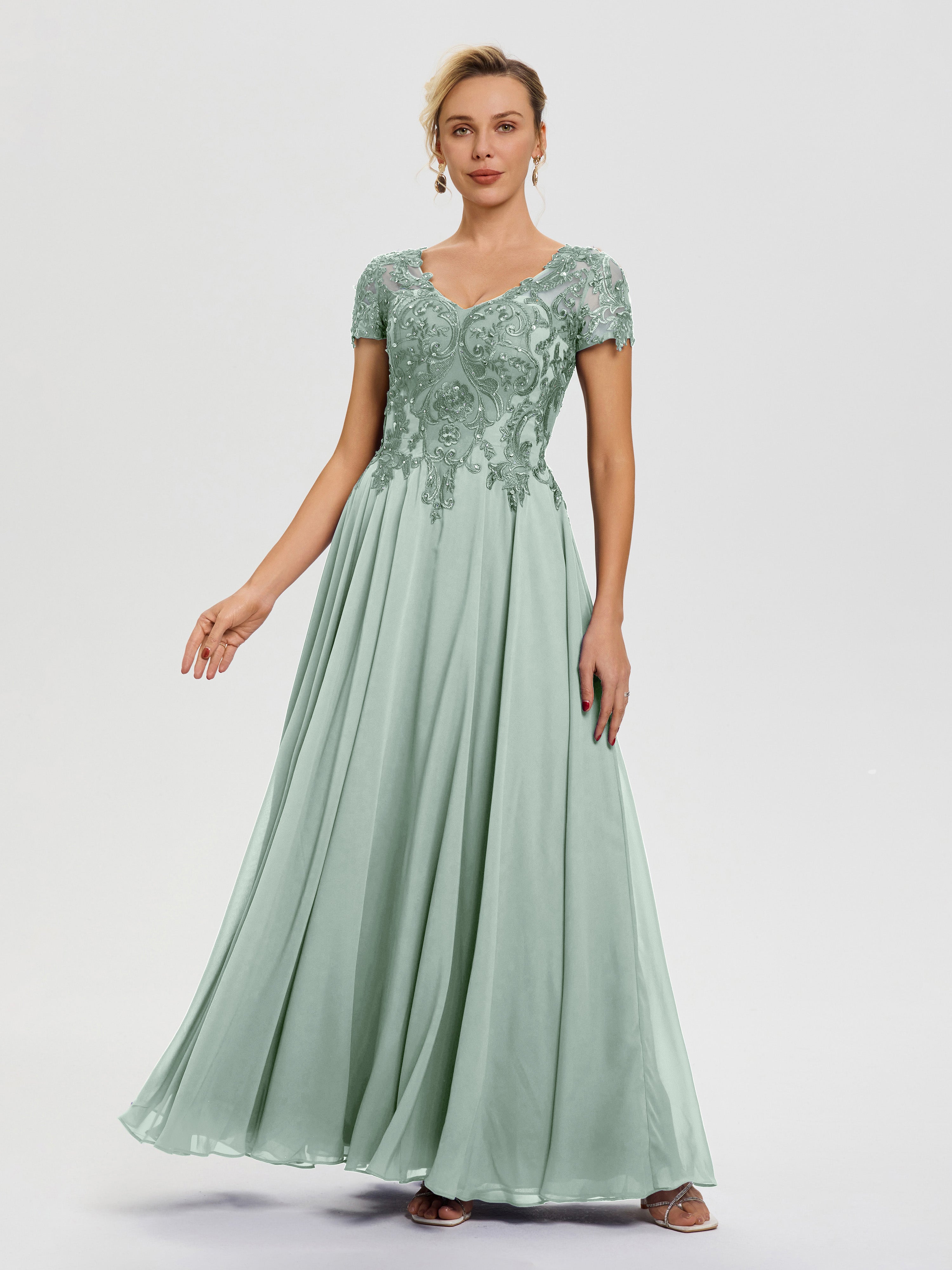 Robe Mère De La Mariée Celadon Col V Mousseline & Dentelle Robe Mère De La Mariée Moderne