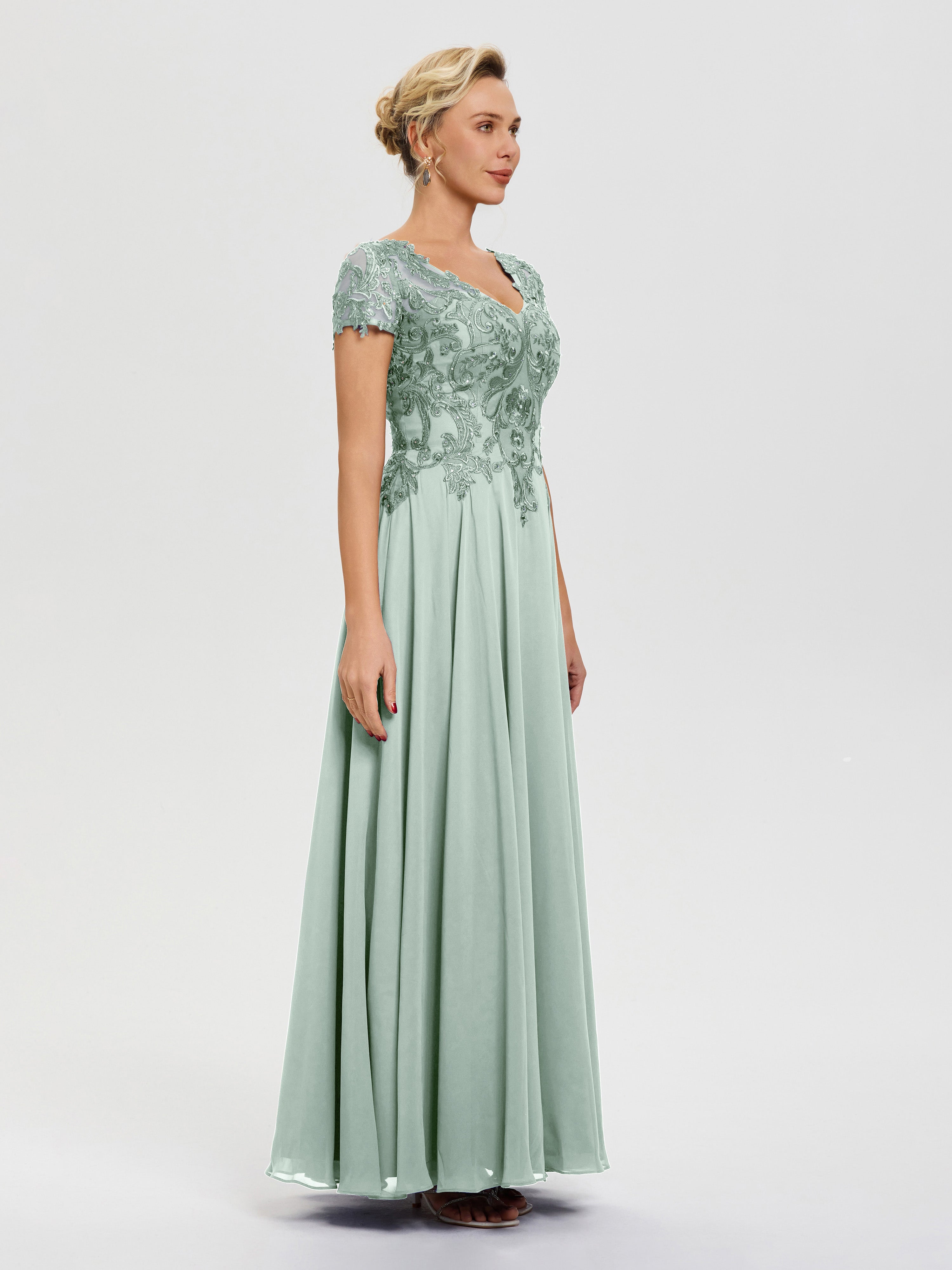 Robe Mère De La Mariée Celadon Col V Mousseline & Dentelle Robe Mère De La Mariée Moderne