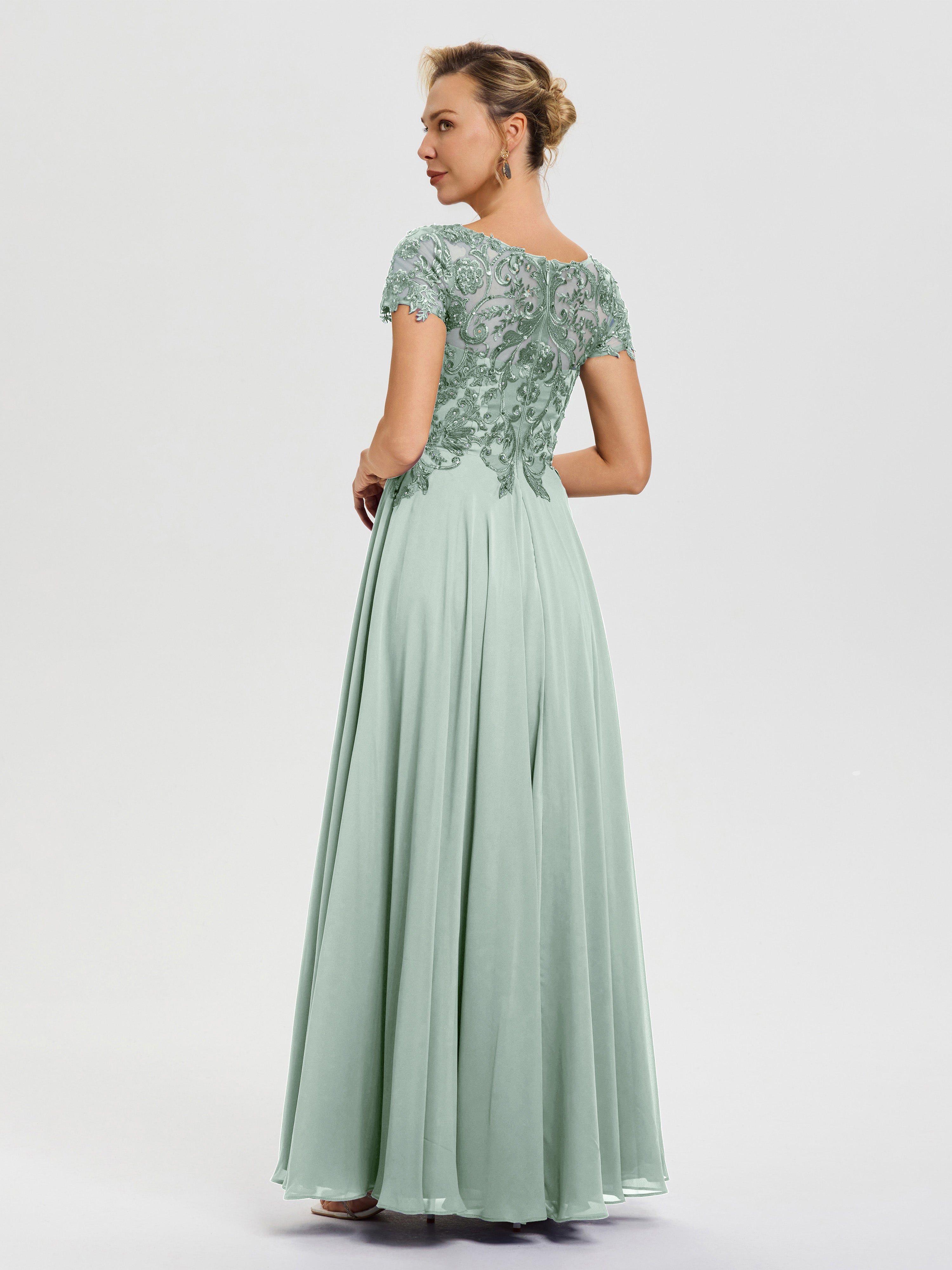 Robe Mère De La Mariée Celadon Col V Mousseline & Dentelle Robe Mère De La Mariée Moderne