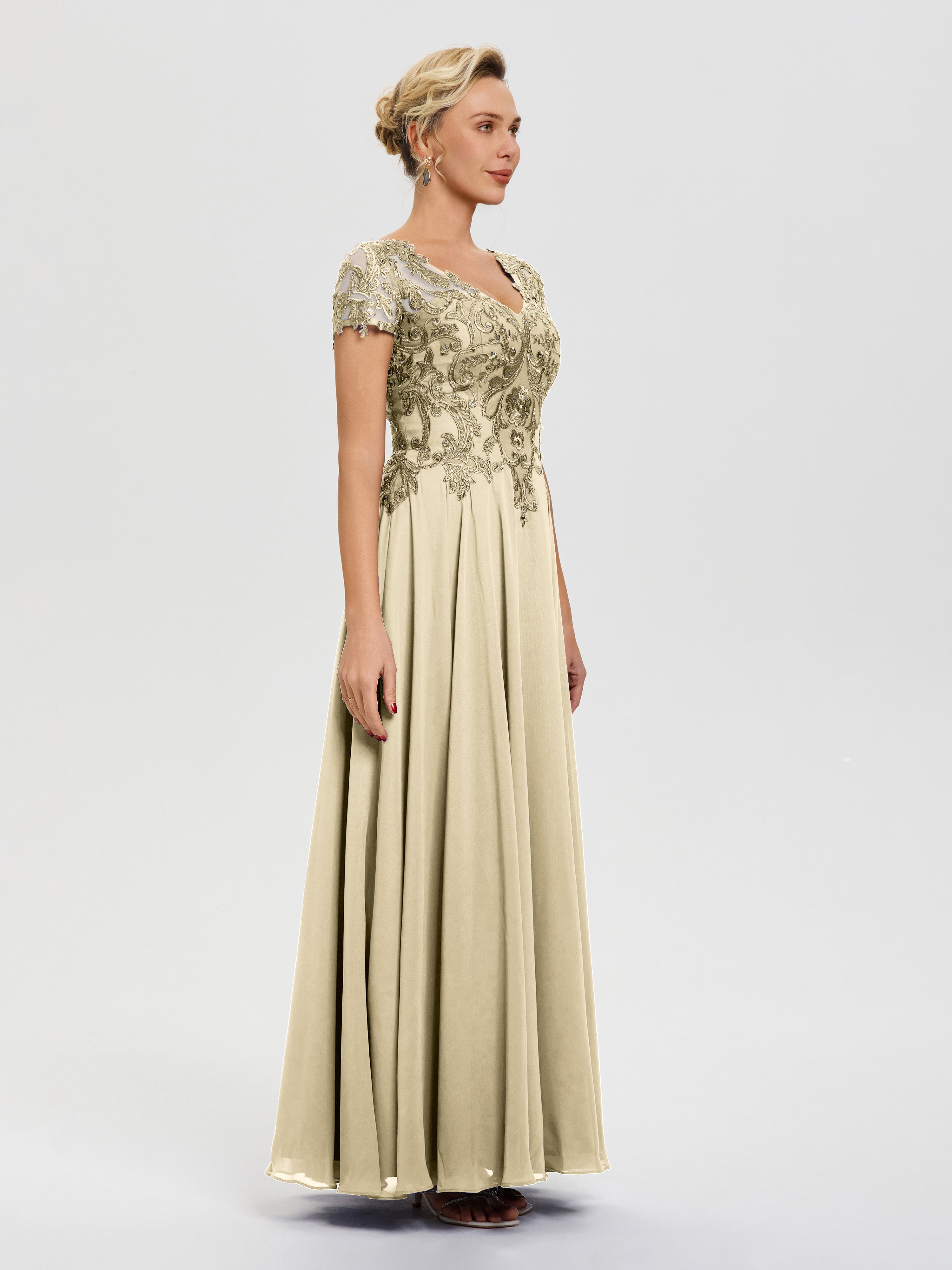 Robe Mere De La Mariee Champagne Col V Mousseline & Dentelle Robe Mère De La Mariée Moderne