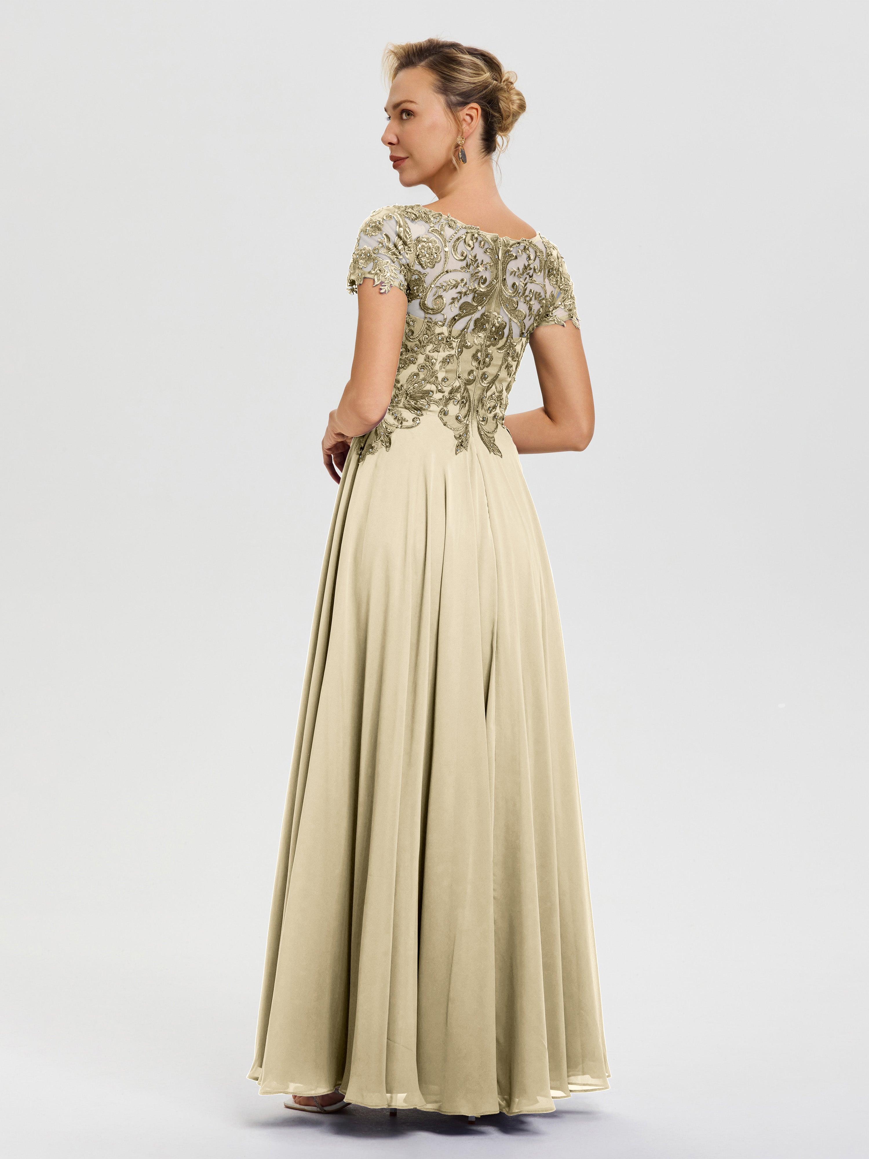 Robe Mere De La Mariee Champagne Col V Mousseline & Dentelle Robe Mère De La Mariée Moderne