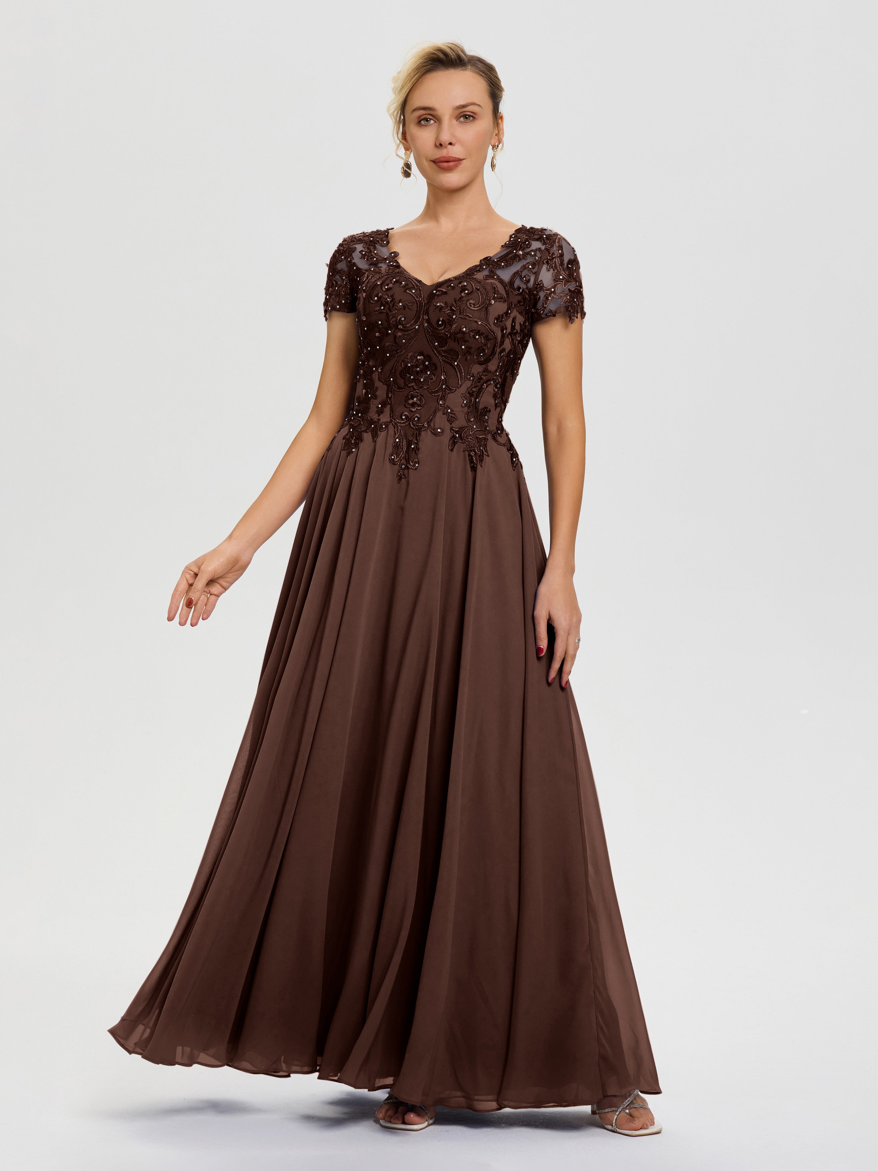 Robe De La Mère De La Mariée Chocolat Col V Mousseline & Dentelle Robe Mère De La Mariée Moderne