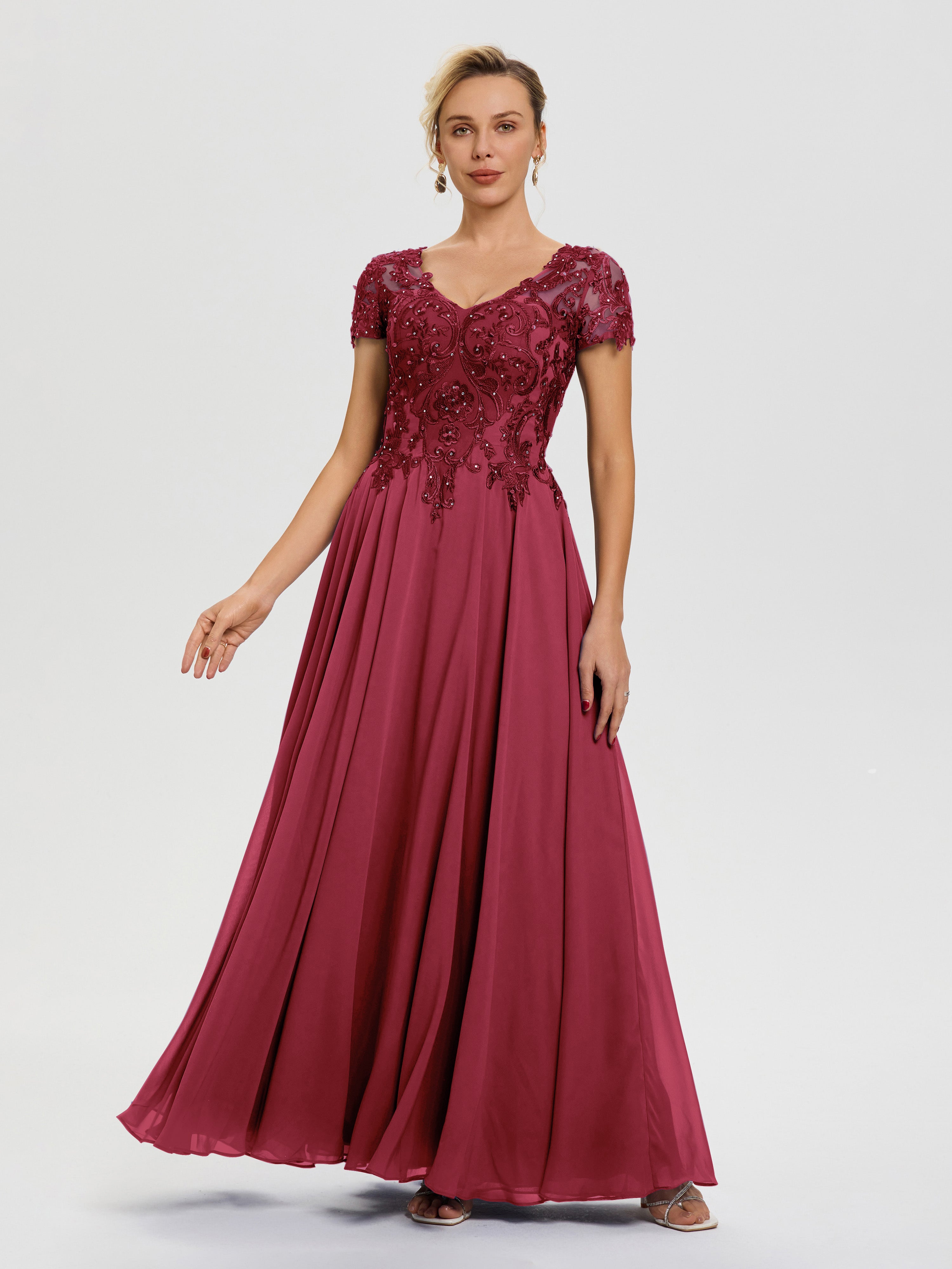 Robe Mère De La Mariee Rose Cannelle Col V Mousseline & Dentelle Robe Mère De La Mariée Moderne