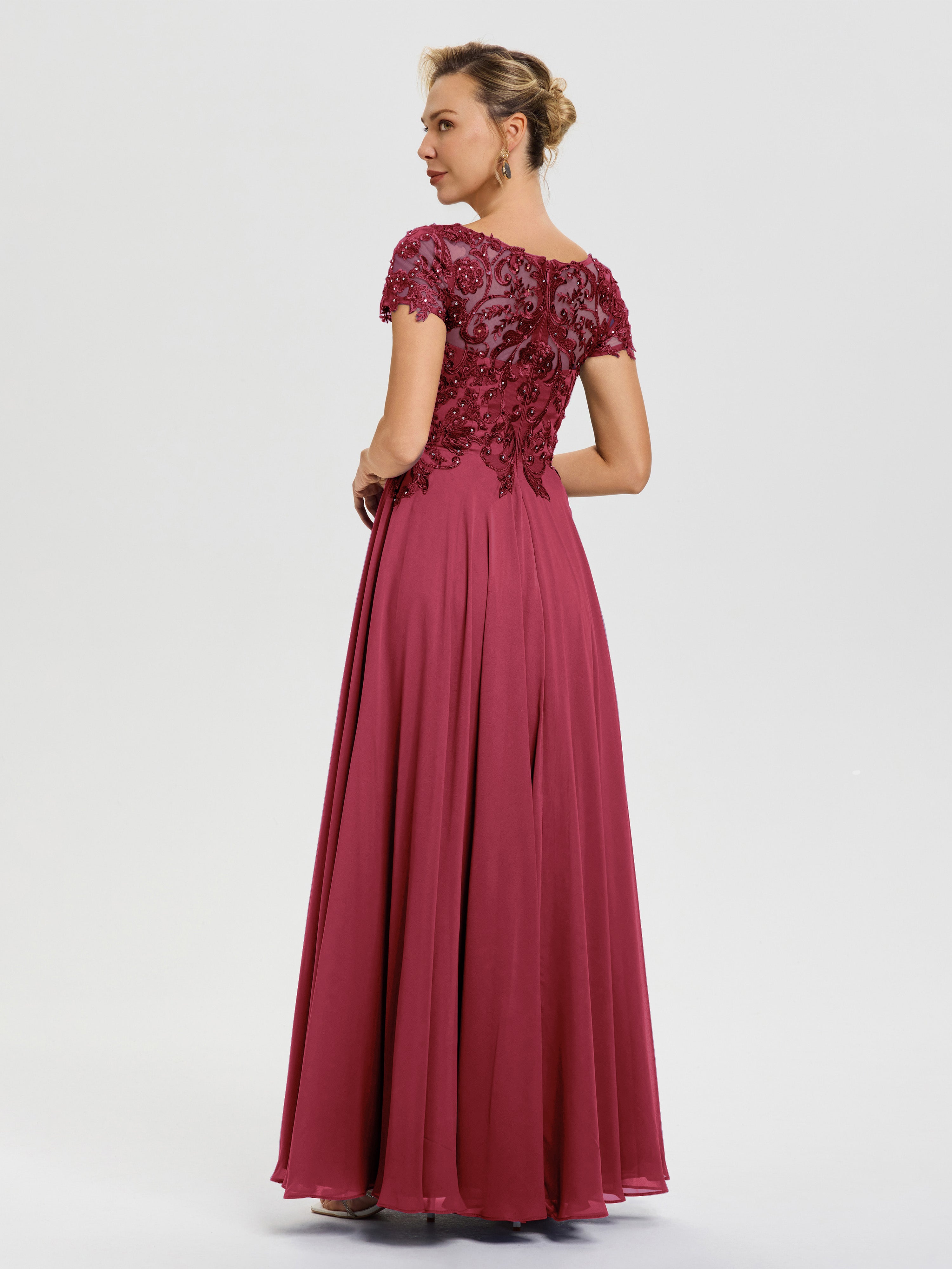 Robe Mère De La Mariee Rose Cannelle Col V Mousseline & Dentelle Robe Mère De La Mariée Moderne