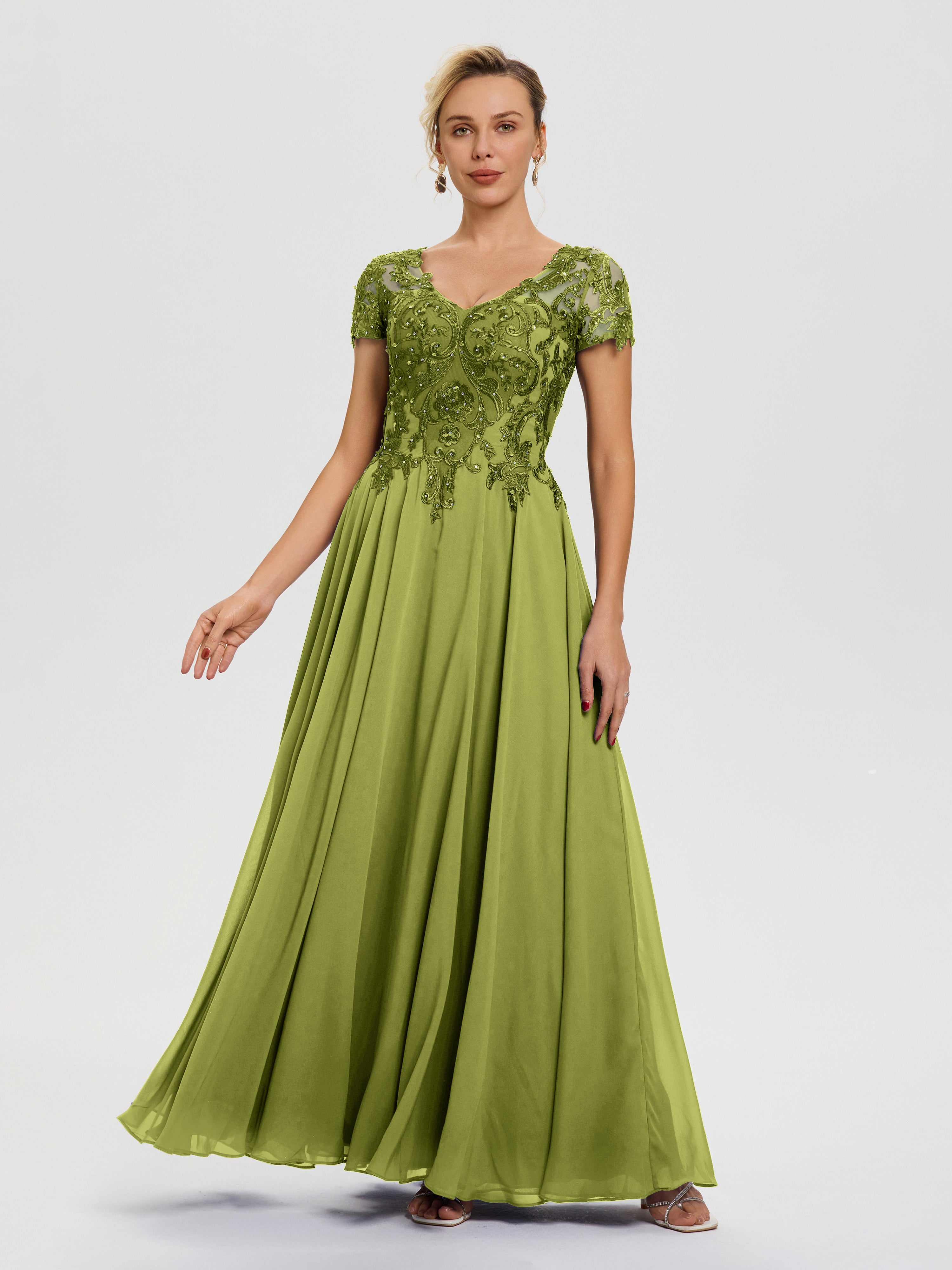 Robe Cérémonie Mère Du Marié Trèfle Col V Mousseline & Dentelle Robe Mère De La Mariée Moderne