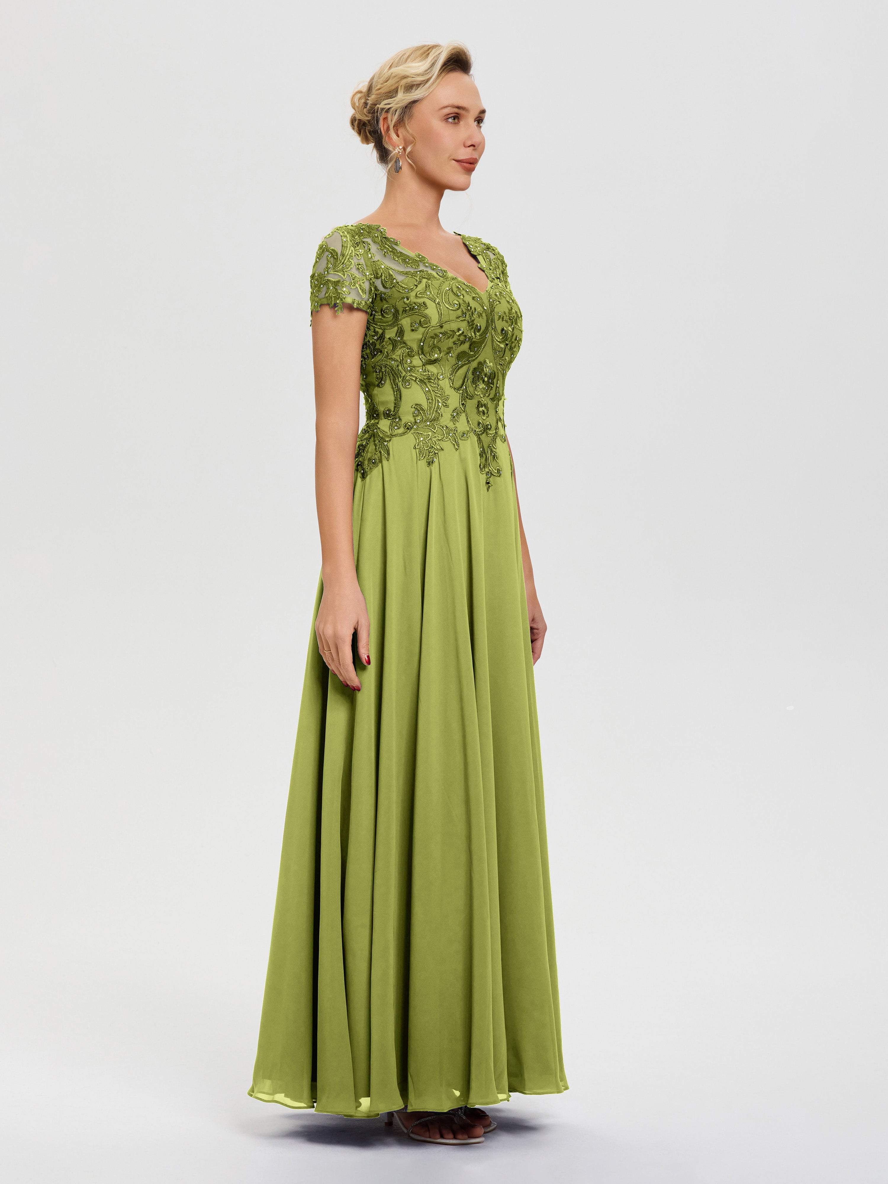 Robe Cérémonie Mère Du Marié Trèfle Col V Mousseline & Dentelle Robe Mère De La Mariée Moderne