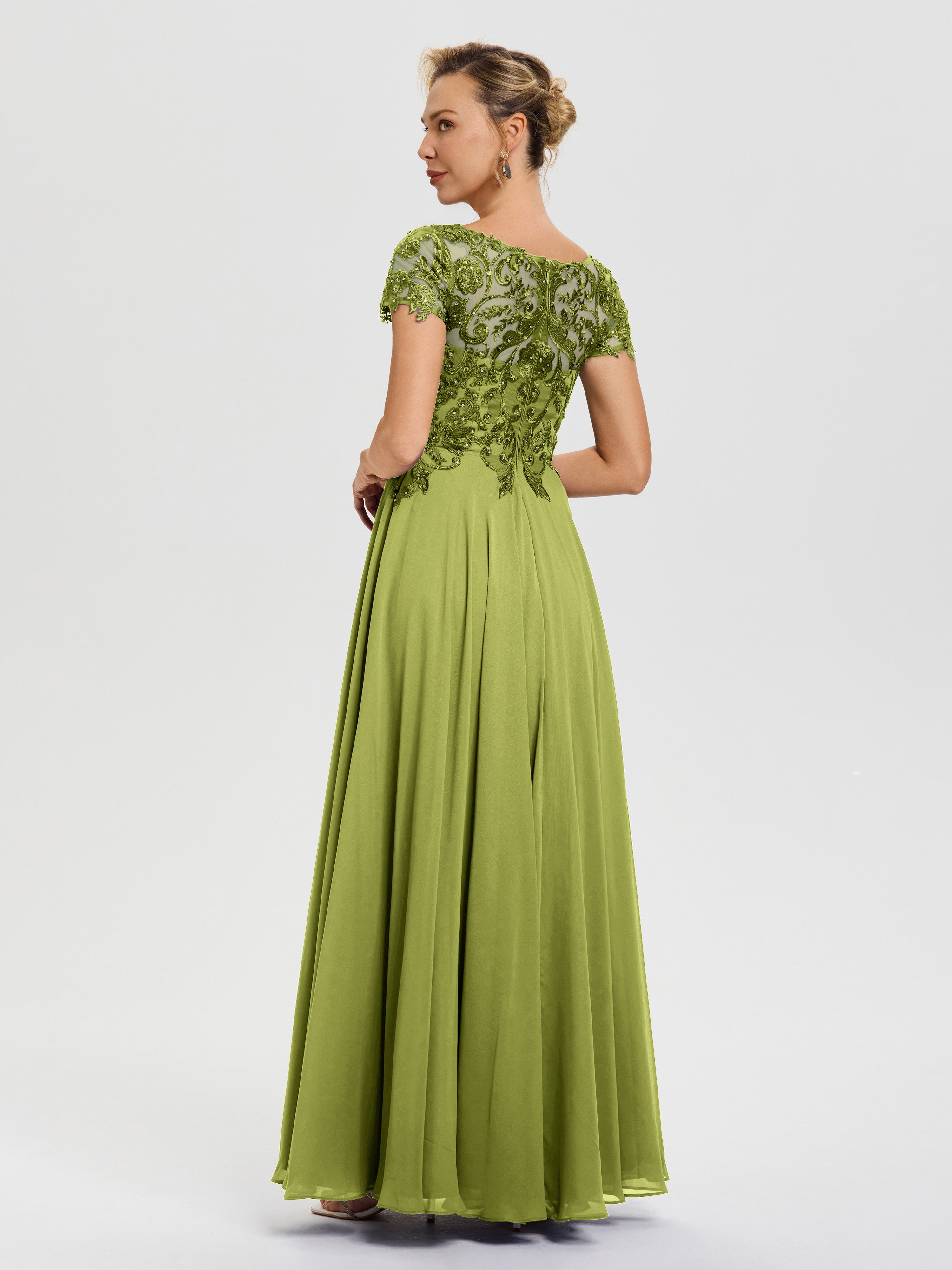 Robe Cérémonie Mère Du Marié Trèfle Col V Mousseline & Dentelle Robe Mère De La Mariée Moderne