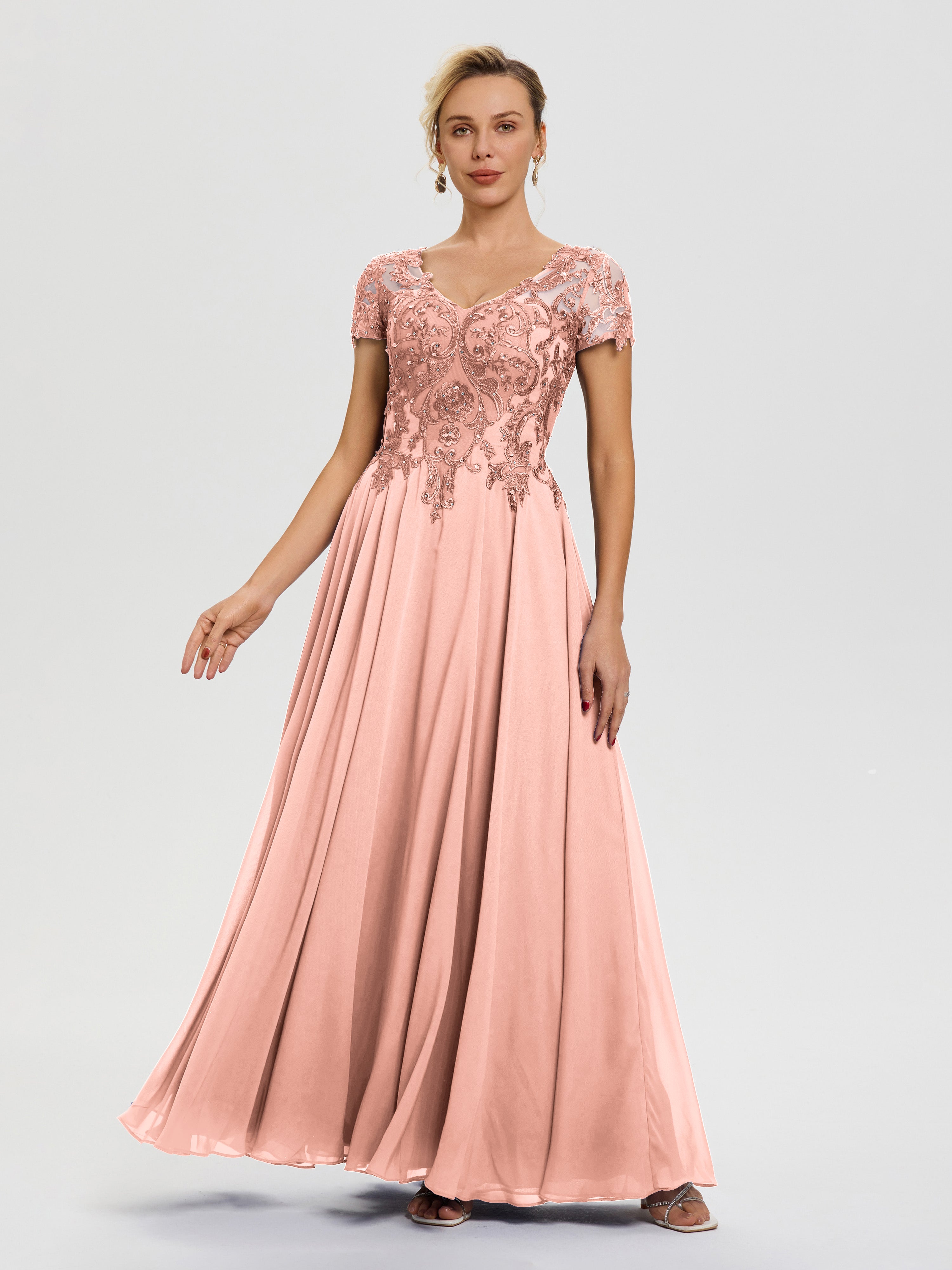 Robe Pour La Mère De La Mariée Corail Col V Mousseline & Dentelle Robe Mère De La Mariée Moderne