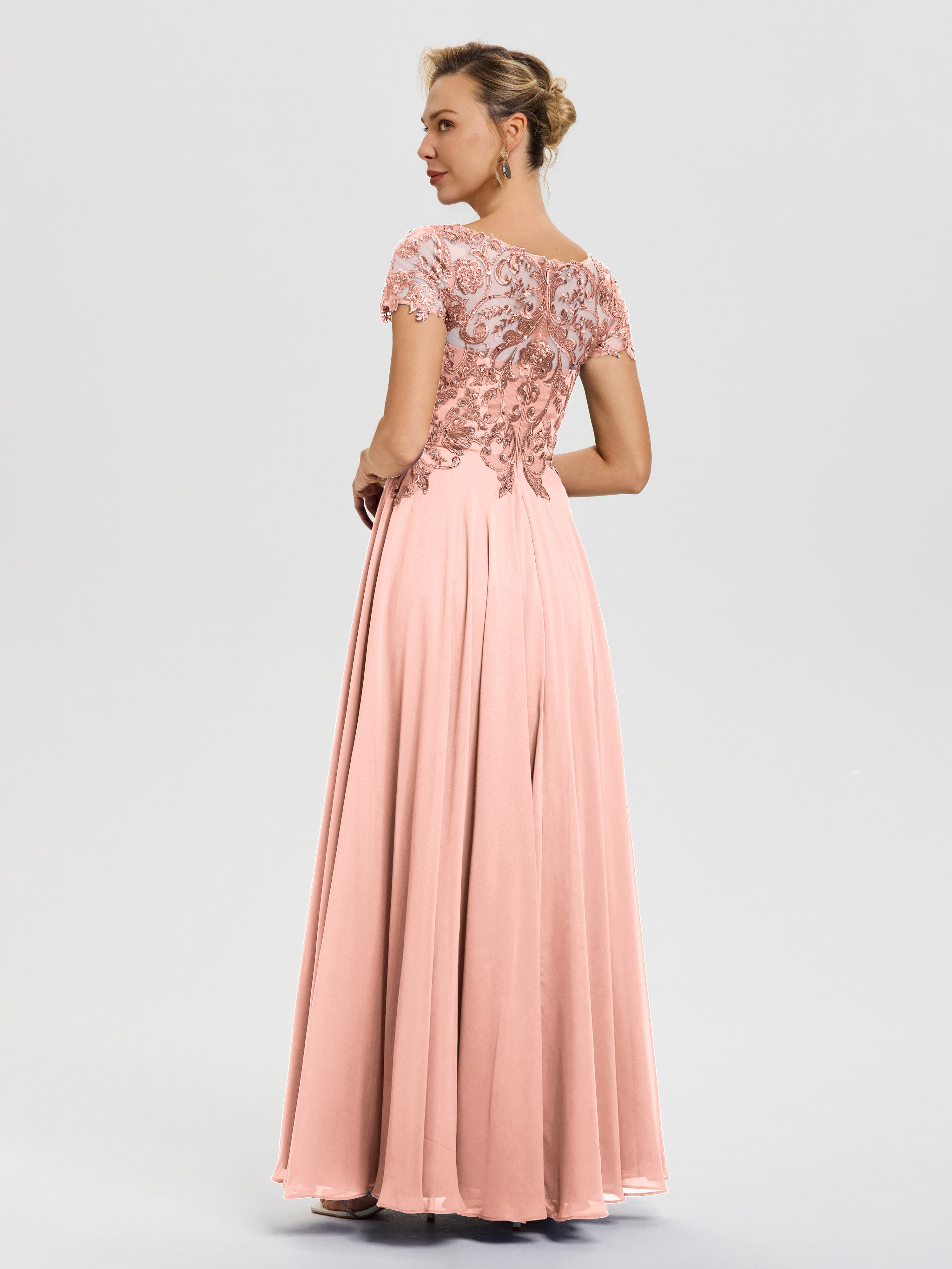 Robe Pour La Mère De La Mariée Corail Col V Mousseline & Dentelle Robe Mère De La Mariée Moderne