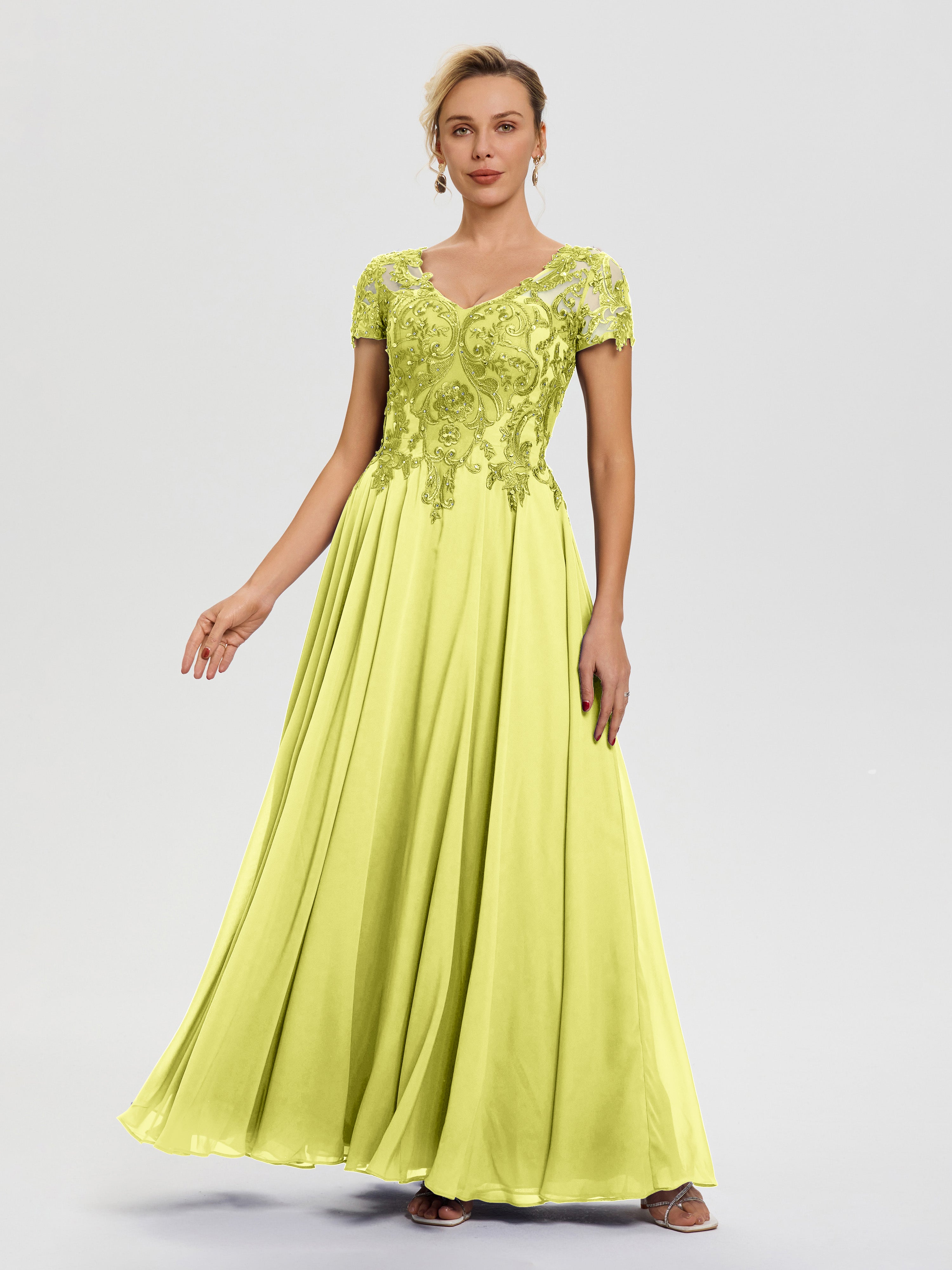 Robe Pour Mère De La Mariée Jonquille Col V Mousseline & Dentelle Robe Mère De La Mariée Moderne
