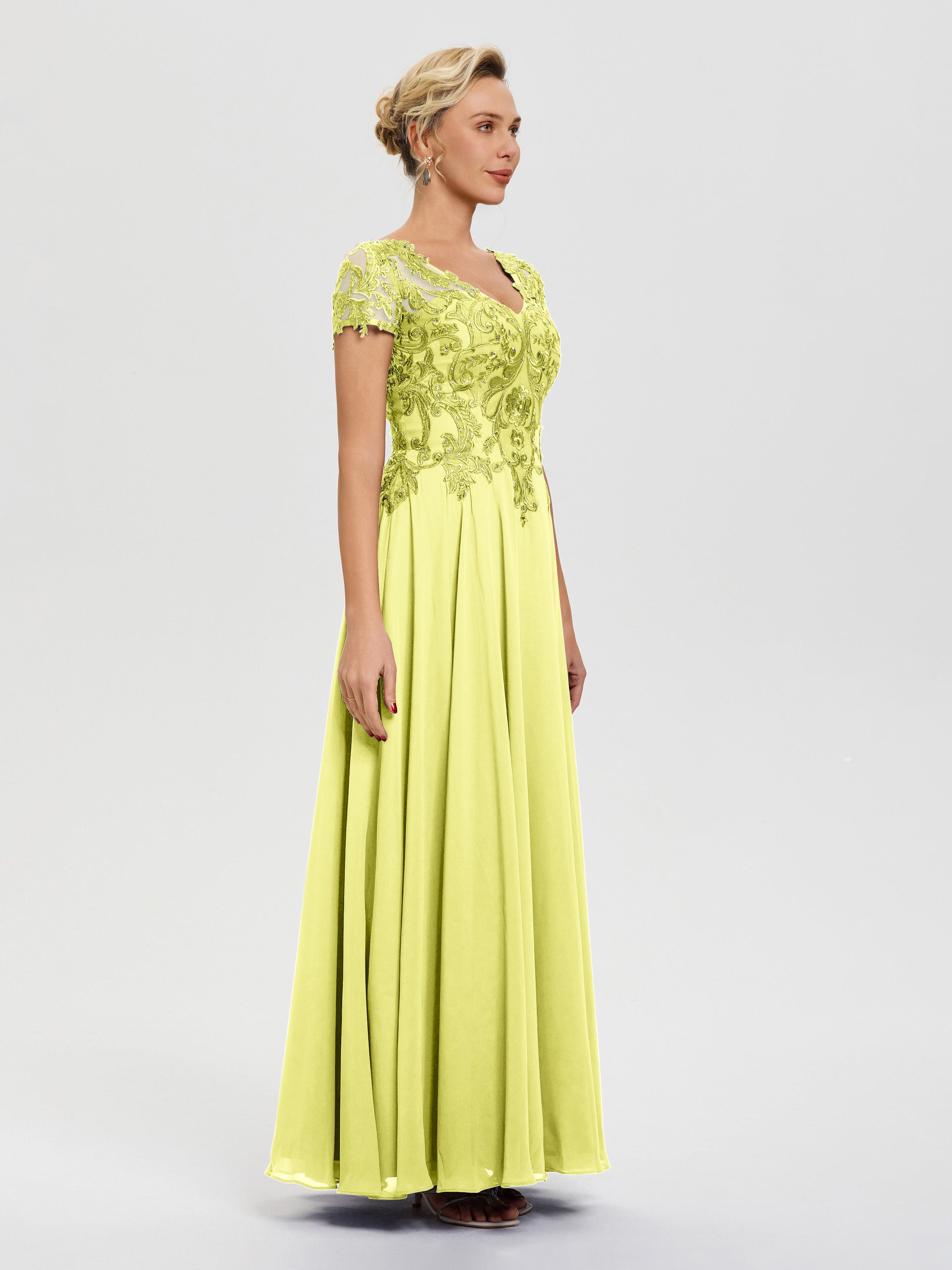 Robe Pour Mère De La Mariée Jonquille Col V Mousseline & Dentelle Robe Mère De La Mariée Moderne