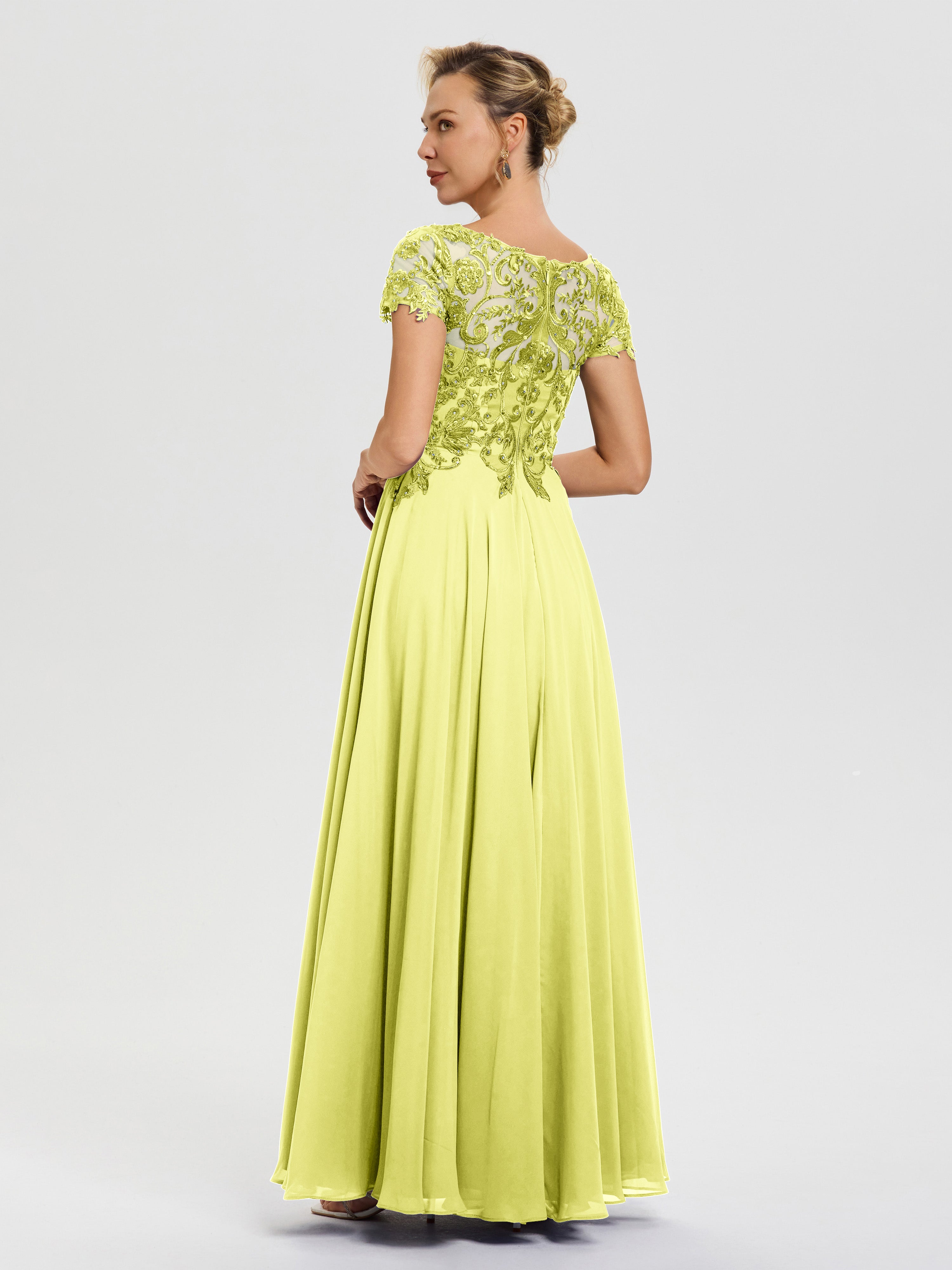Robe Pour Mère De La Mariée Jonquille Col V Mousseline & Dentelle Robe Mère De La Mariée Moderne