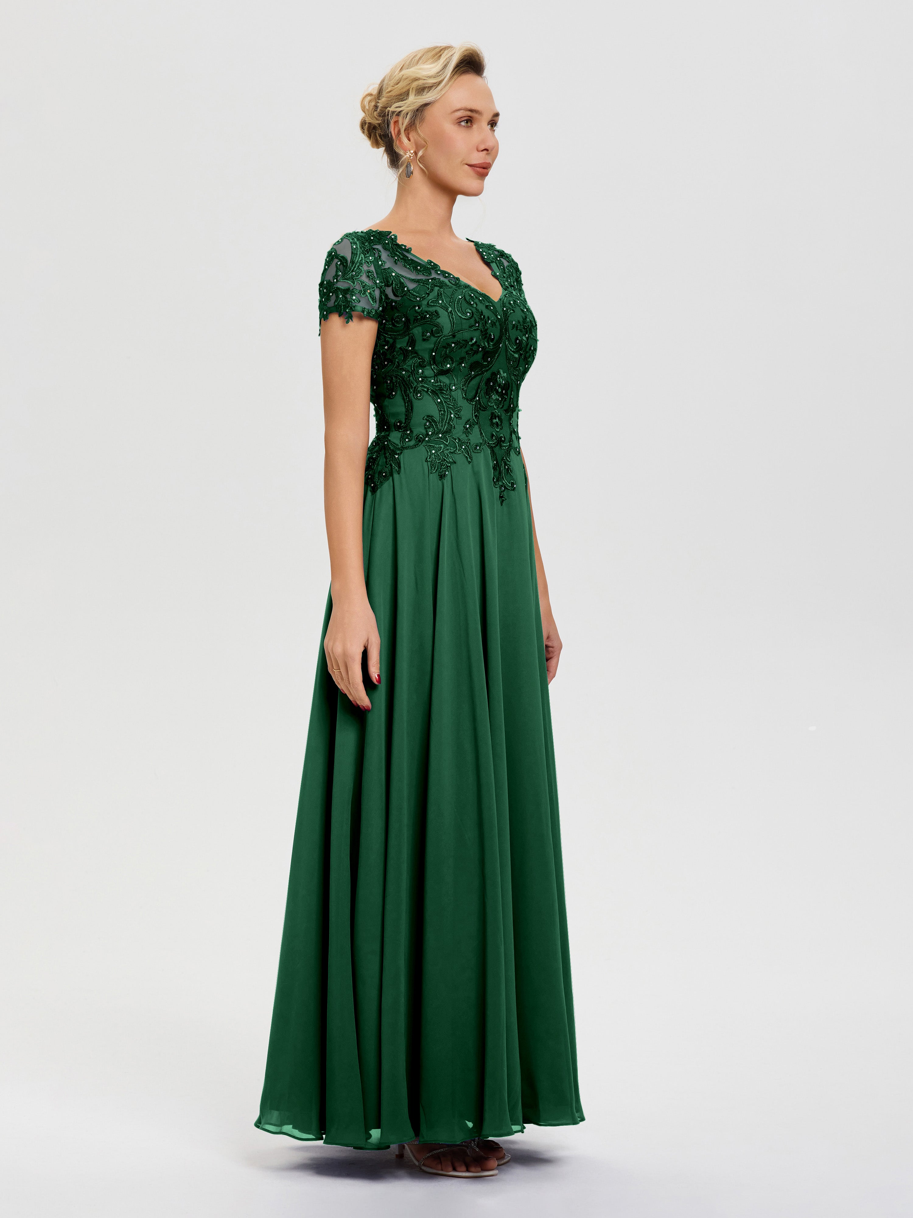 Robes Pour La Mère De La Mariée Vert Foncé Col V Mousseline & Dentelle Robe Mère De La Mariée Moderne
