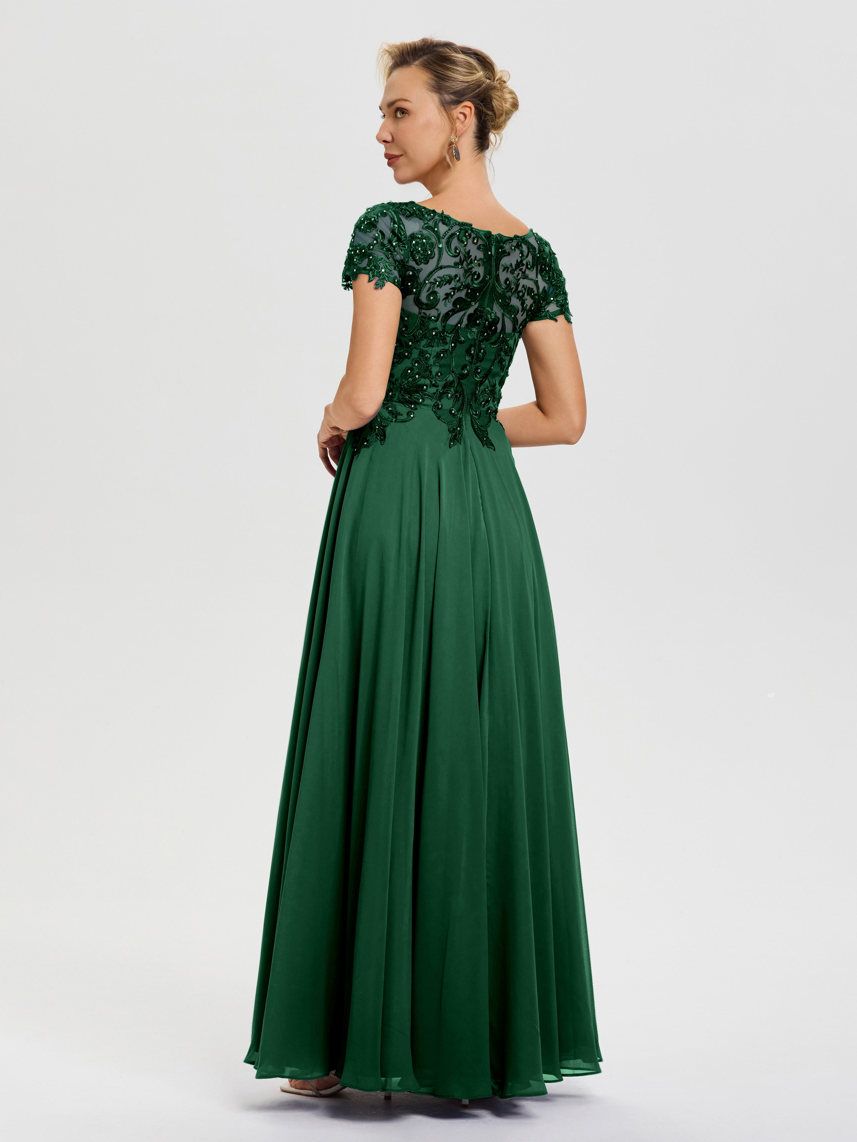 Robes Pour La Mère De La Mariée Vert Foncé Col V Mousseline & Dentelle Robe Mère De La Mariée Moderne