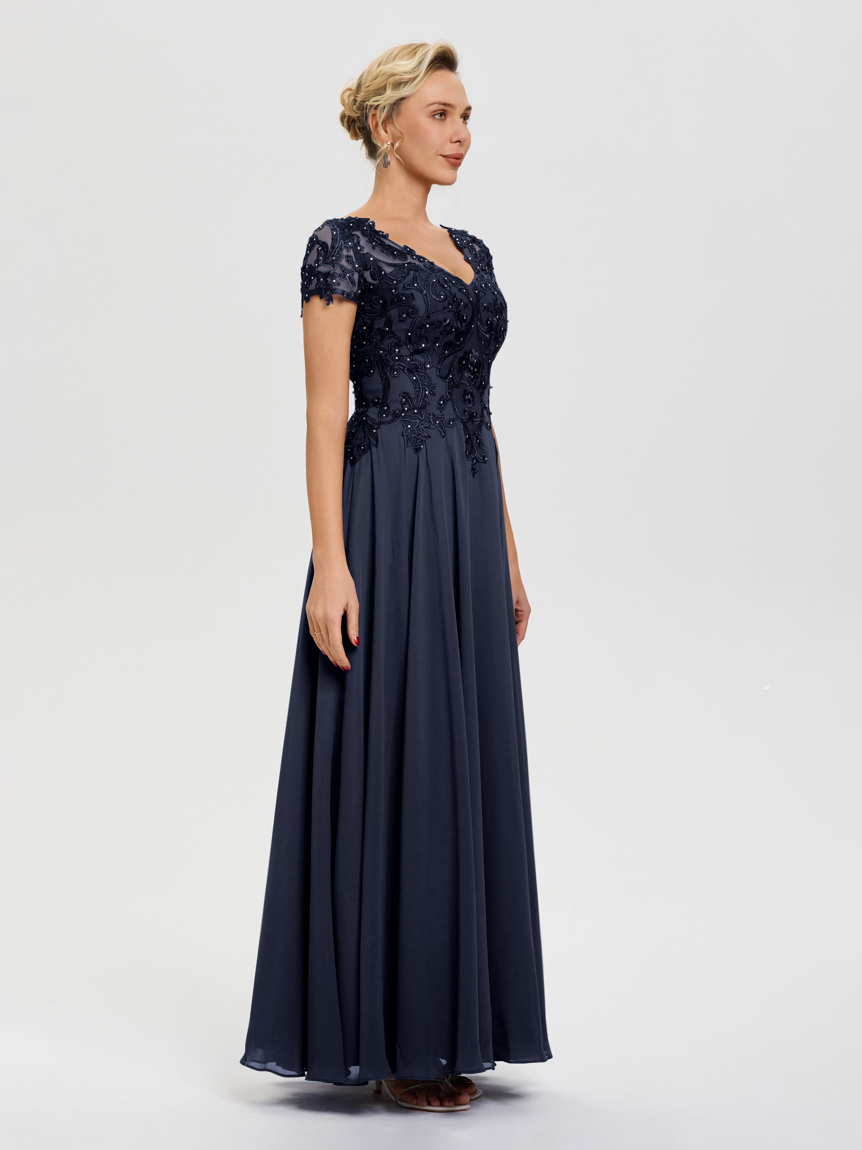 Robe Bleu Marine Mere De La Mariee Col V Mousseline & Dentelle Robe Mère De La Mariée Moderne