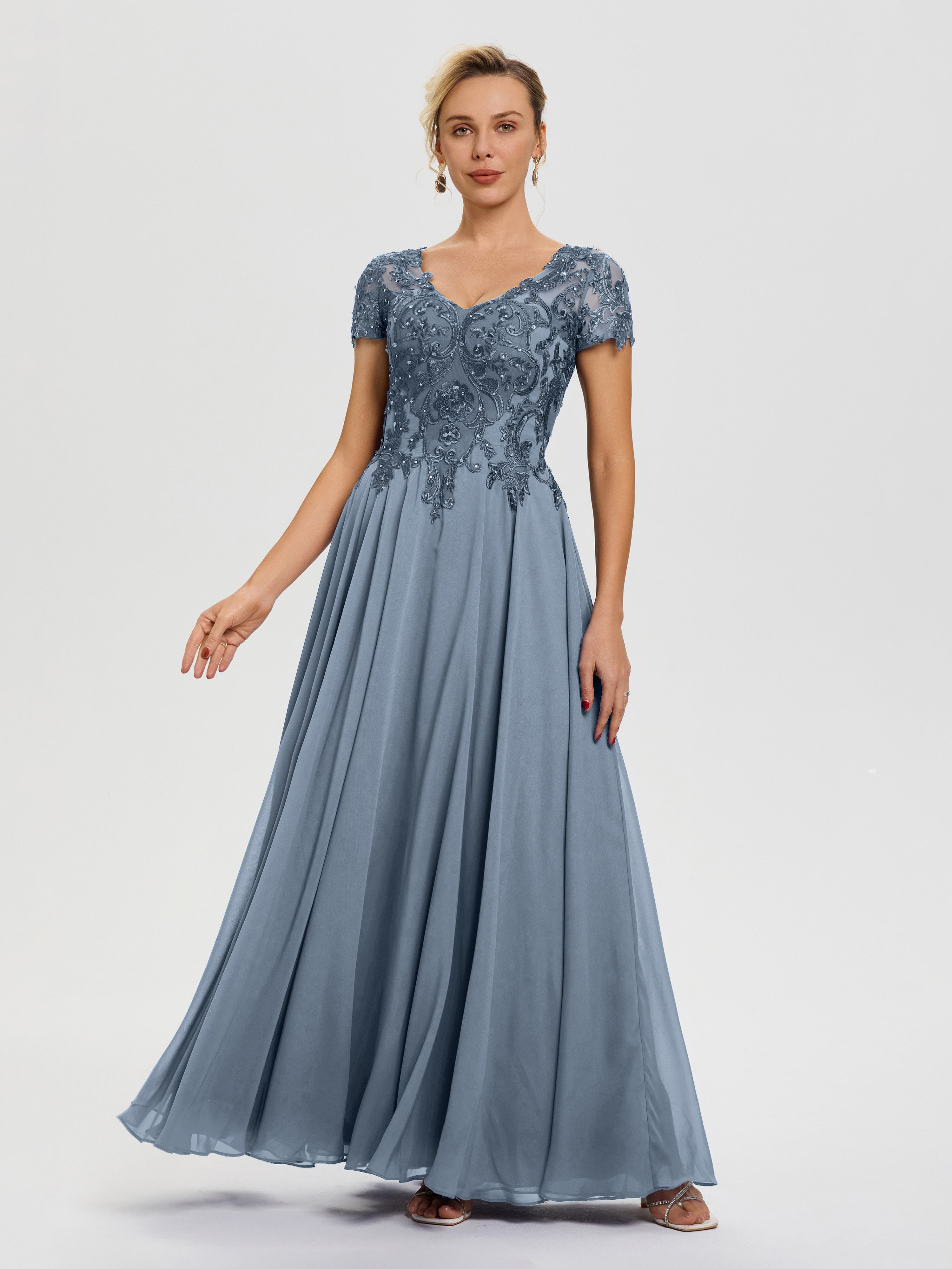 Robe Pour La Mère De La Mariée Bleu Poudré Col V Mousseline & Dentelle Robe Mère De La Mariée Moderne