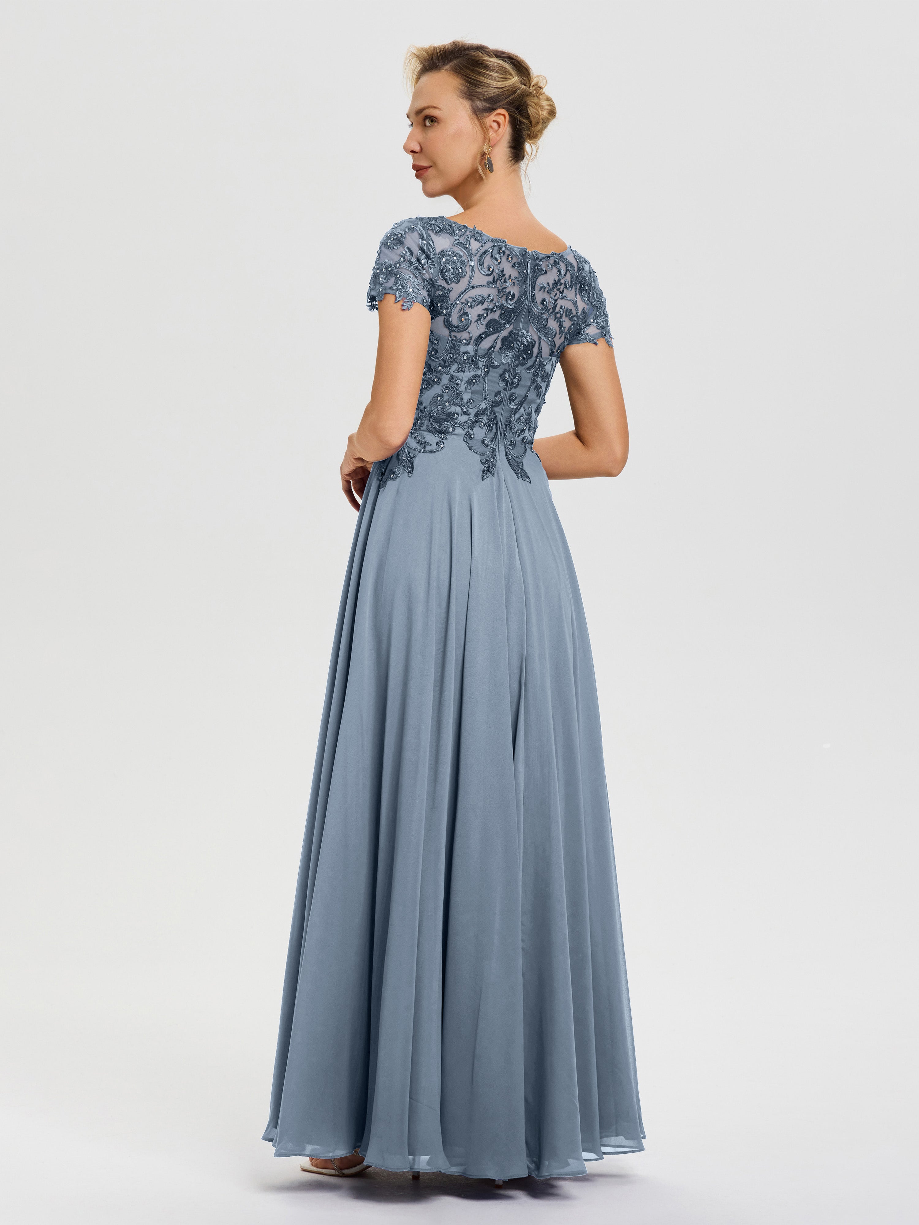 Robe Pour La Mère De La Mariée Bleu Poudré Col V Mousseline & Dentelle Robe Mère De La Mariée Moderne