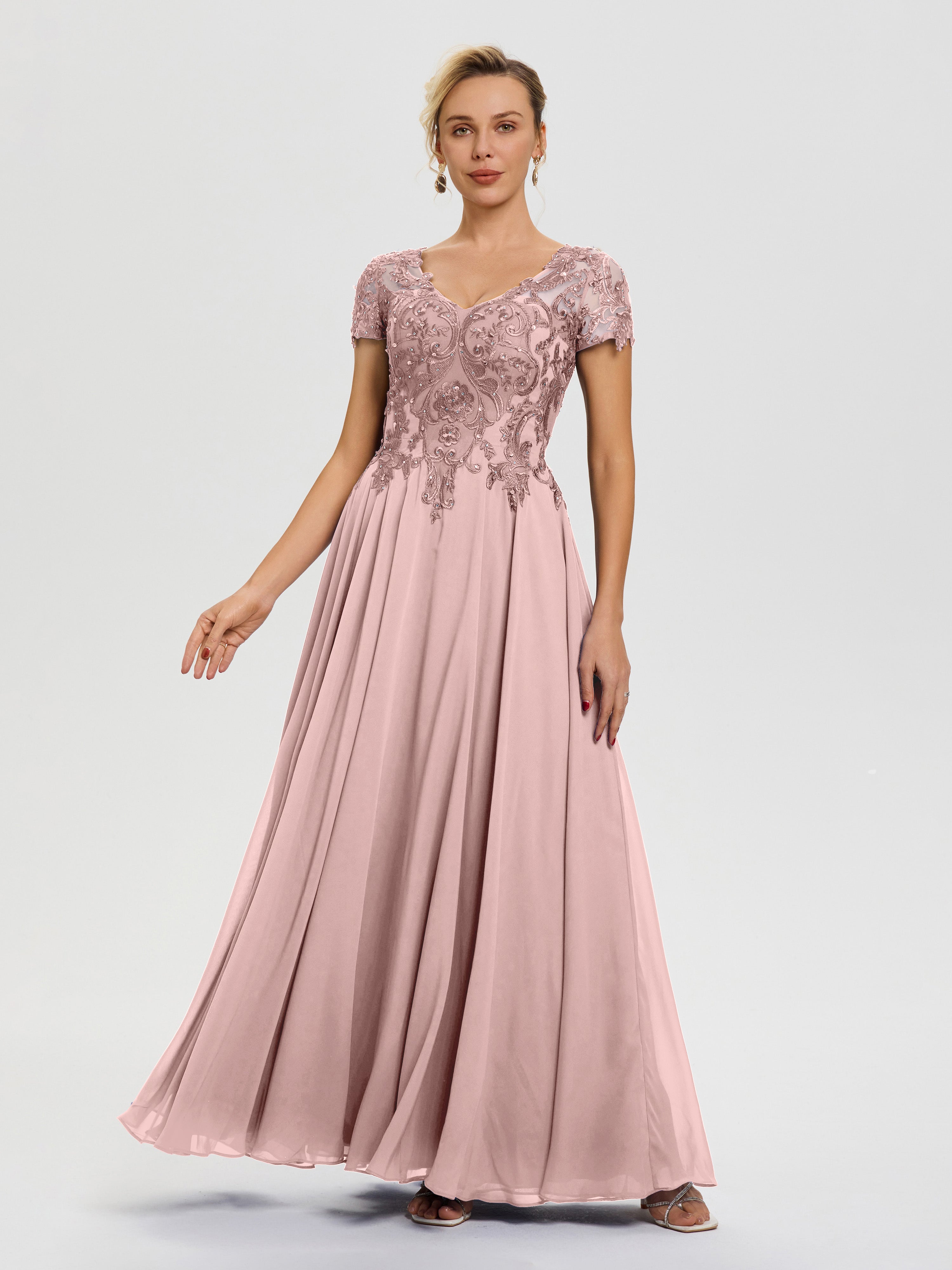 Robe Mere Dela Mariee Rose Poudré Col V Mousseline & Dentelle Robe Mère De La Mariée Moderne