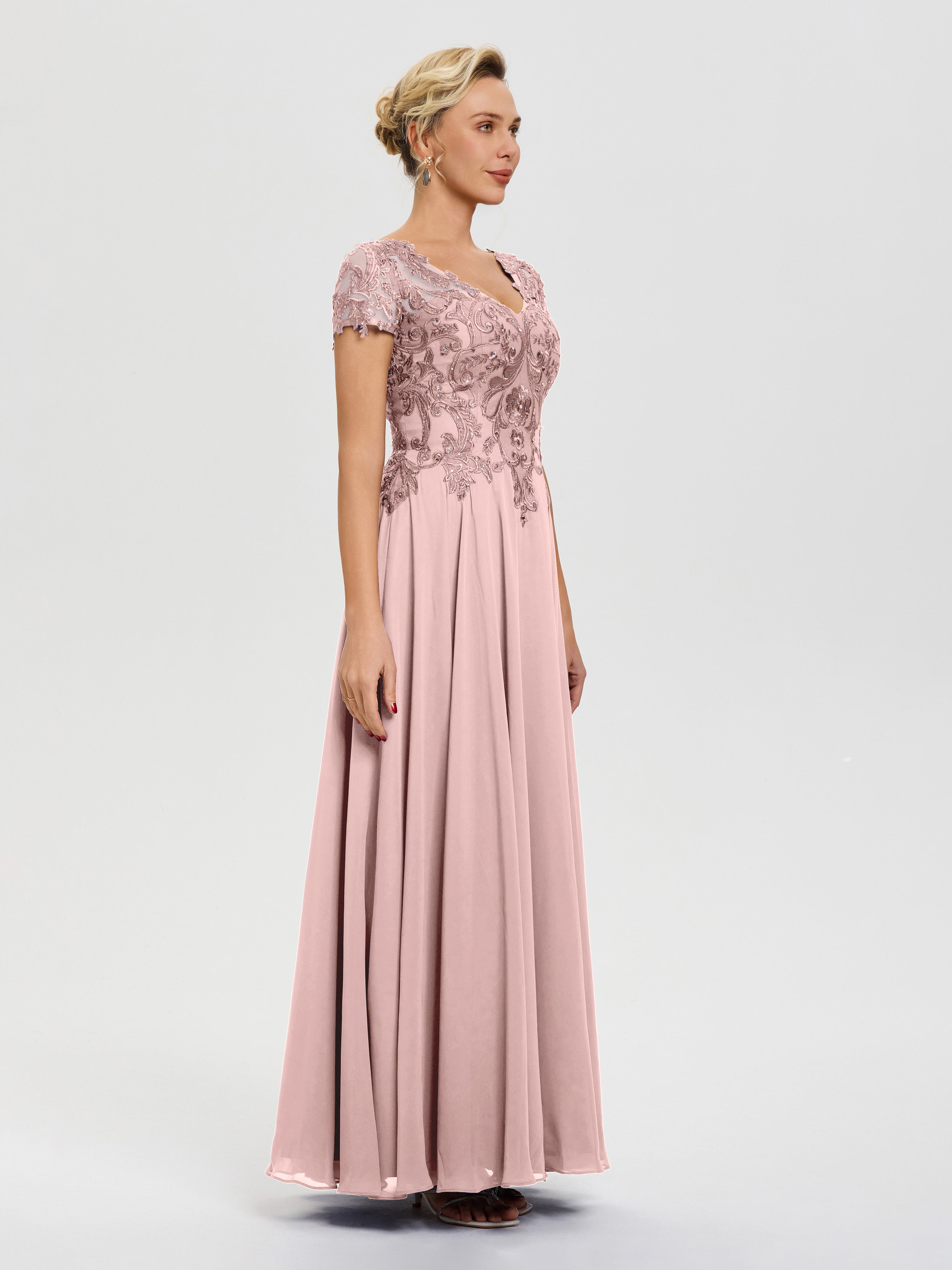 Robe Mere Dela Mariee Rose Poudré Col V Mousseline & Dentelle Robe Mère De La Mariée Moderne
