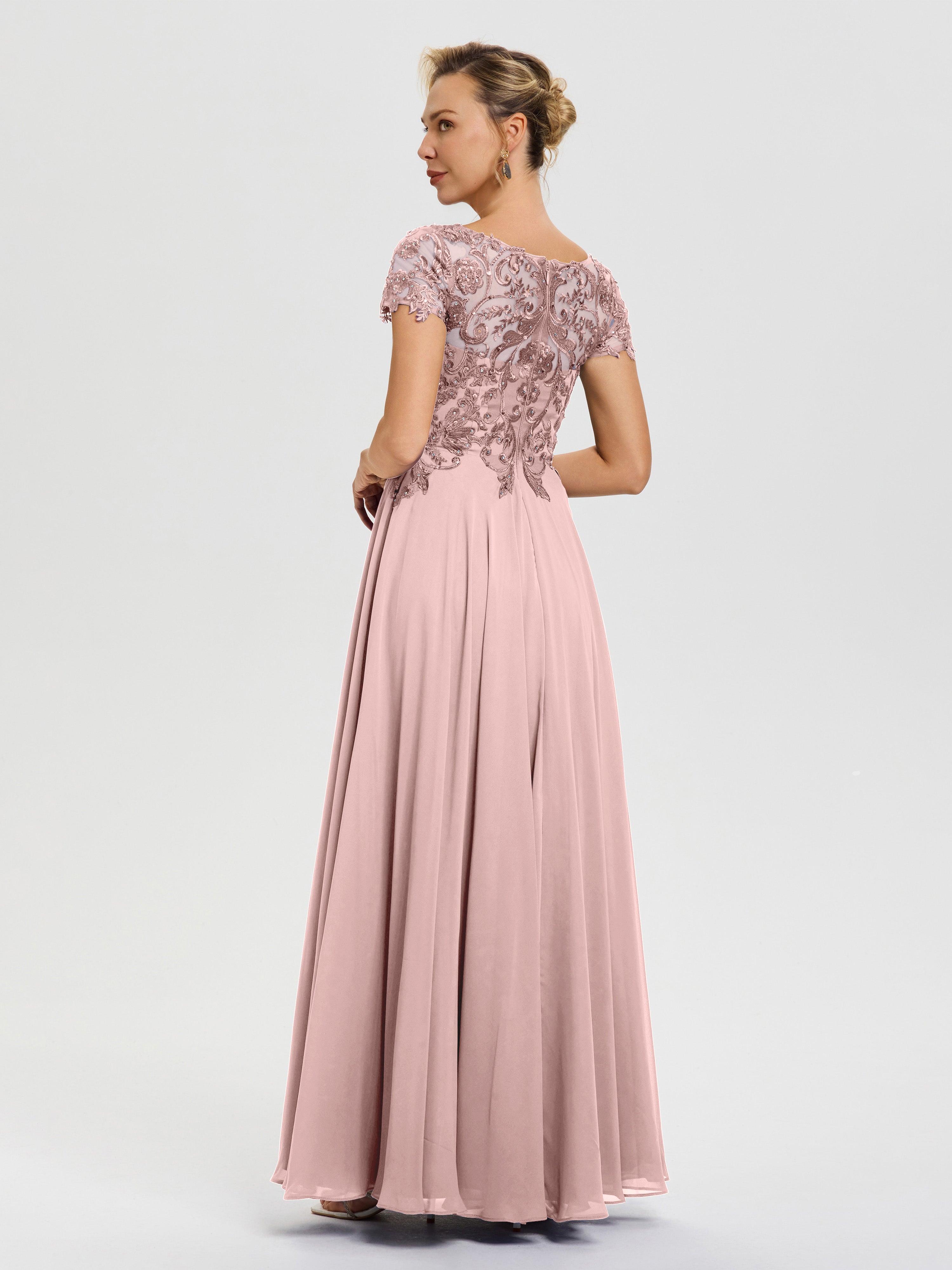 Robe Mere Dela Mariee Rose Poudré Col V Mousseline & Dentelle Robe Mère De La Mariée Moderne