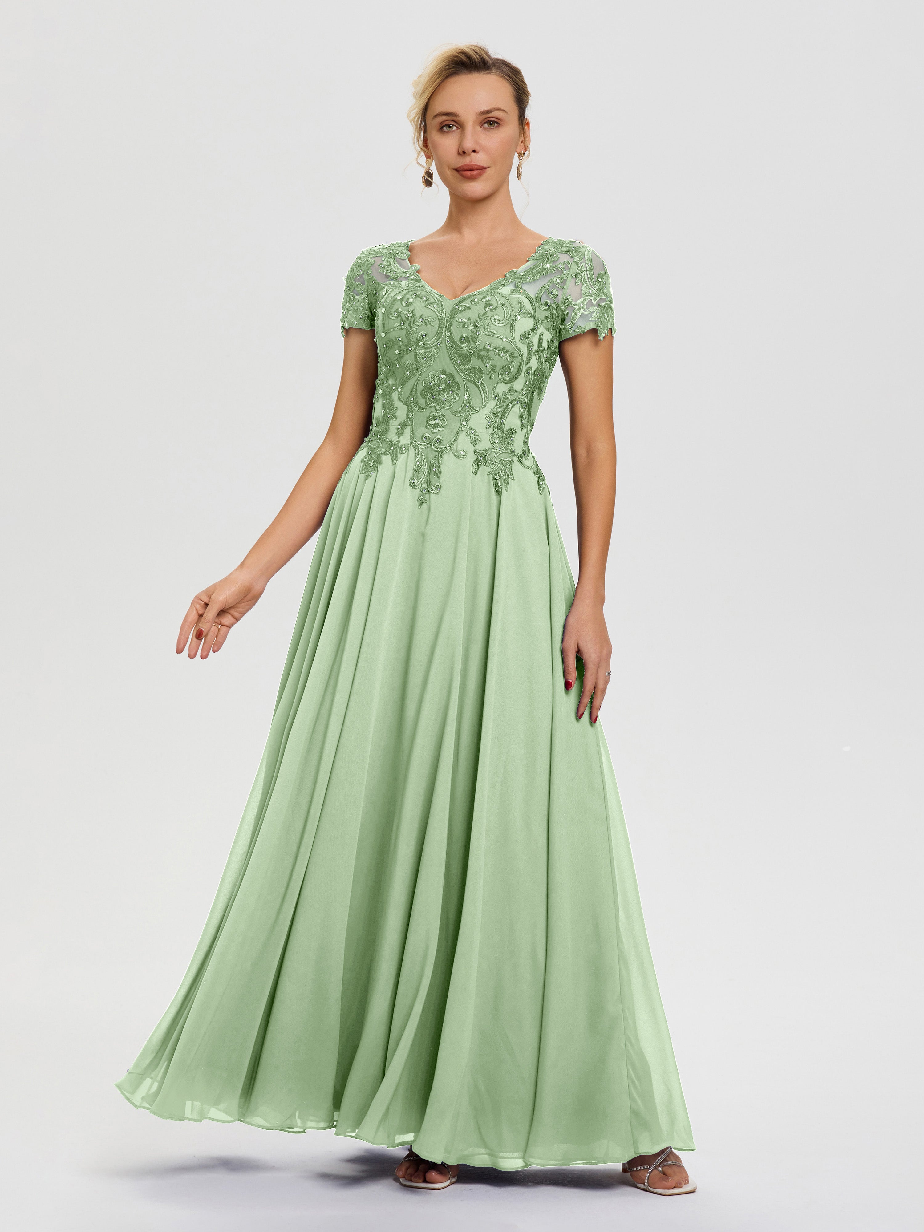 Robe Pour Mère De Mariée Sauge Poudrée Col V Mousseline & Dentelle Robe Mère De La Mariée Moderne