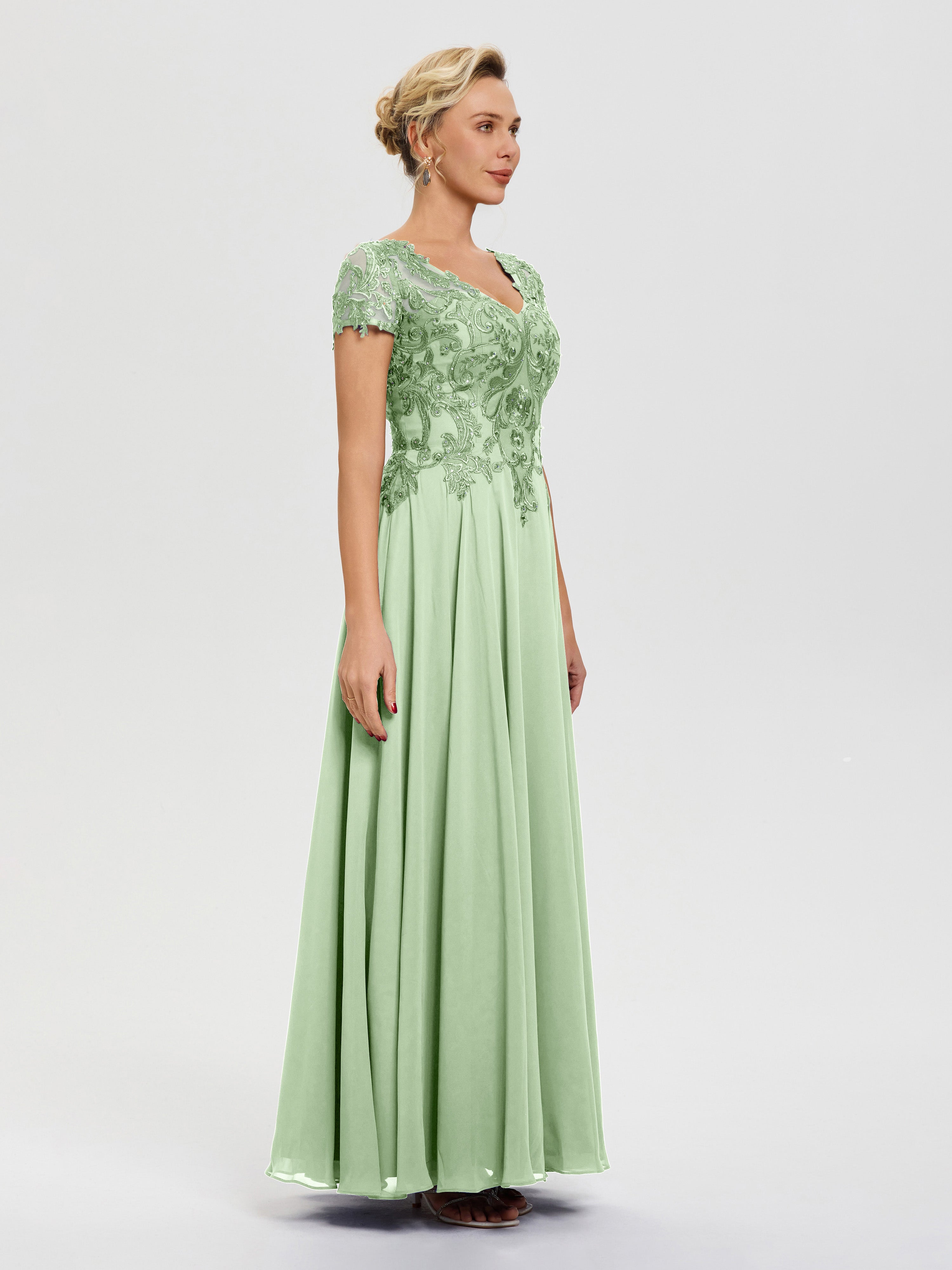 Robe Pour Mère De Mariée Sauge Poudrée Col V Mousseline & Dentelle Robe Mère De La Mariée Moderne
