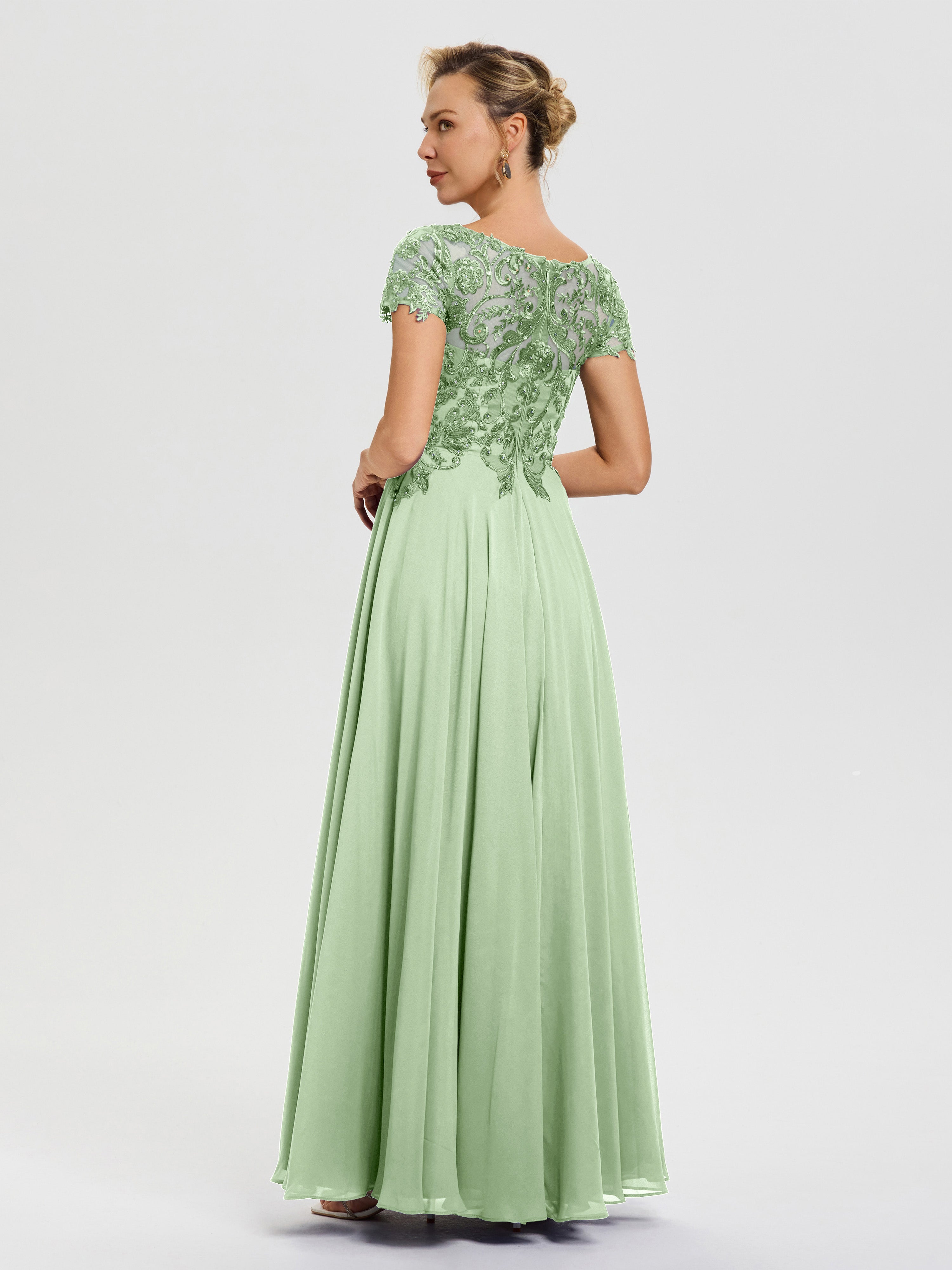 Robe Pour Mère De Mariée Sauge Poudrée Col V Mousseline & Dentelle Robe Mère De La Mariée Moderne