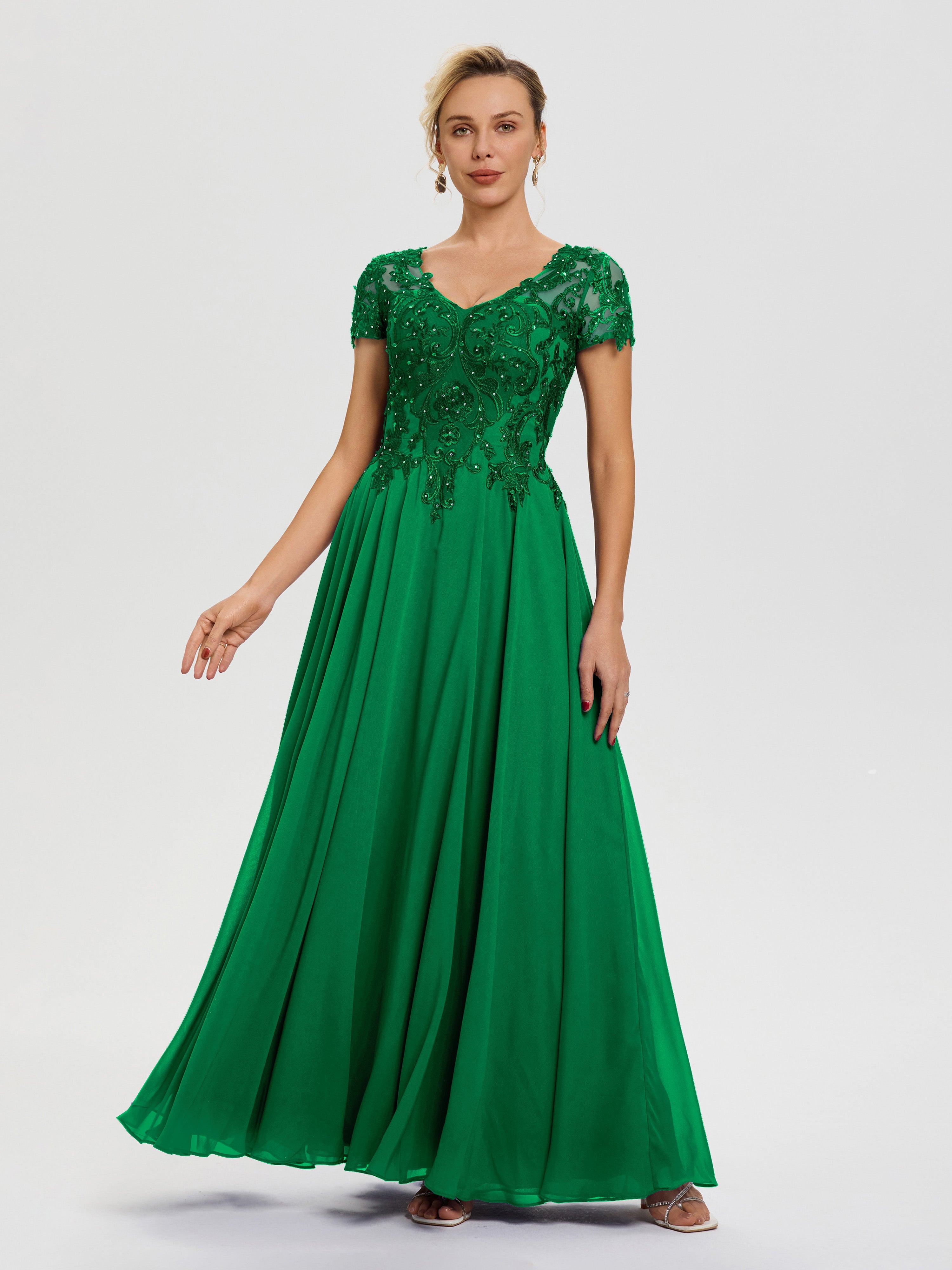 Robe Mariage Mère Du Marié Emeraude Col V Mousseline & Dentelle Robe Mère De La Mariée Moderne