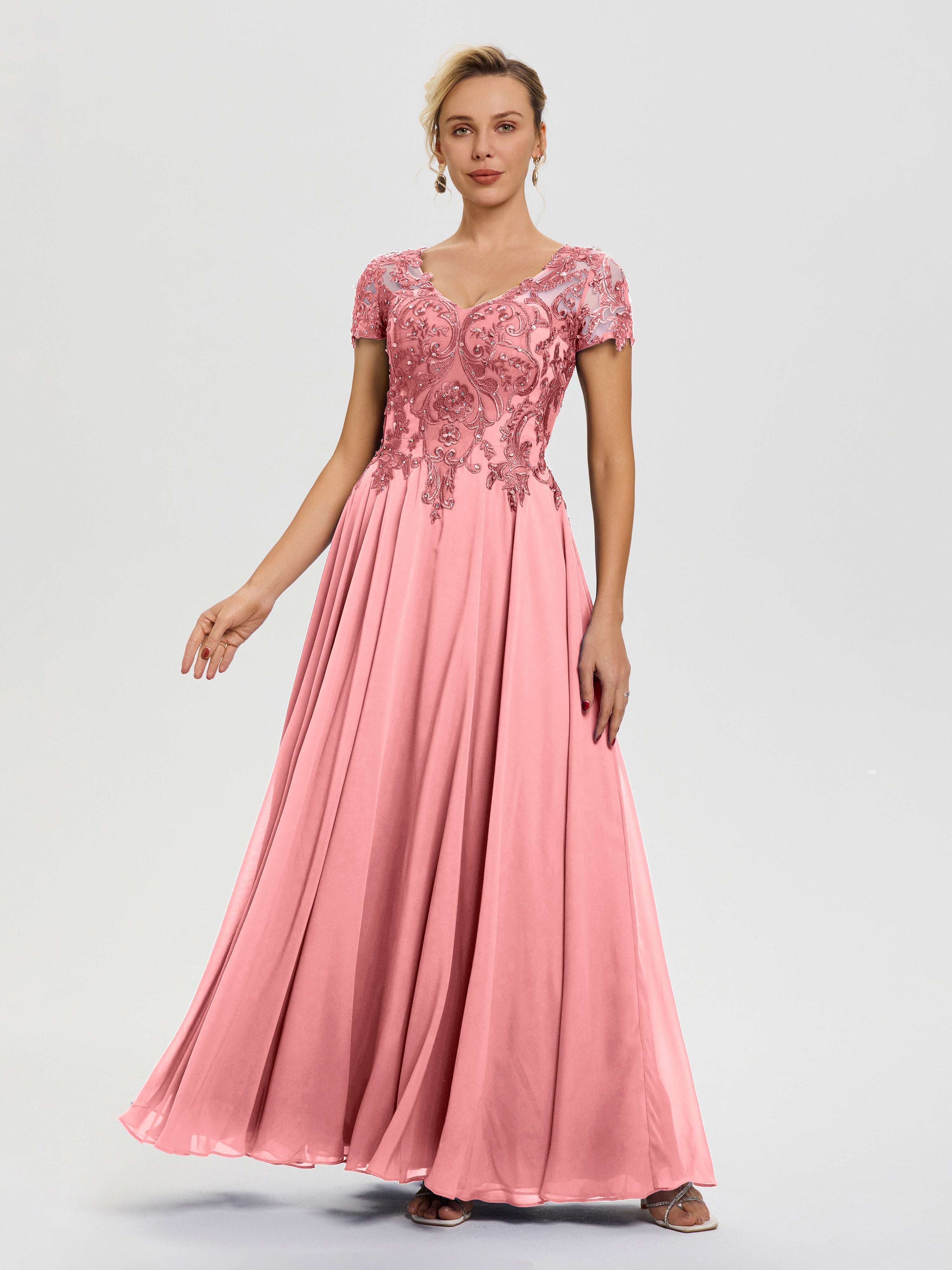 Robe Mariage Mère Du Marié Flamant Col V Mousseline & Dentelle Robe Mère De La Mariée Moderne